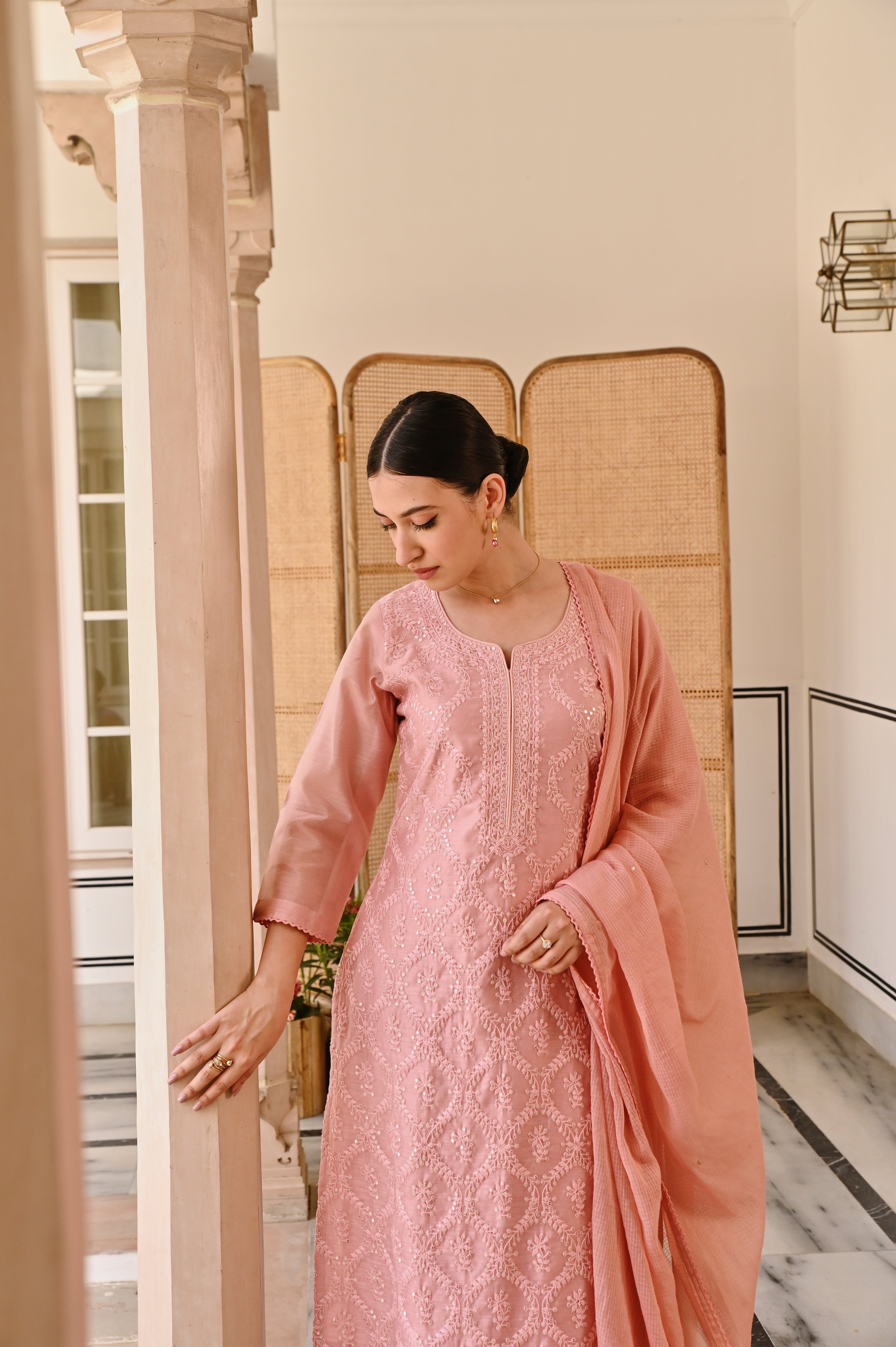 PEACH EMBROIDERED CHIKANKARI CHANDERI KURTA SET