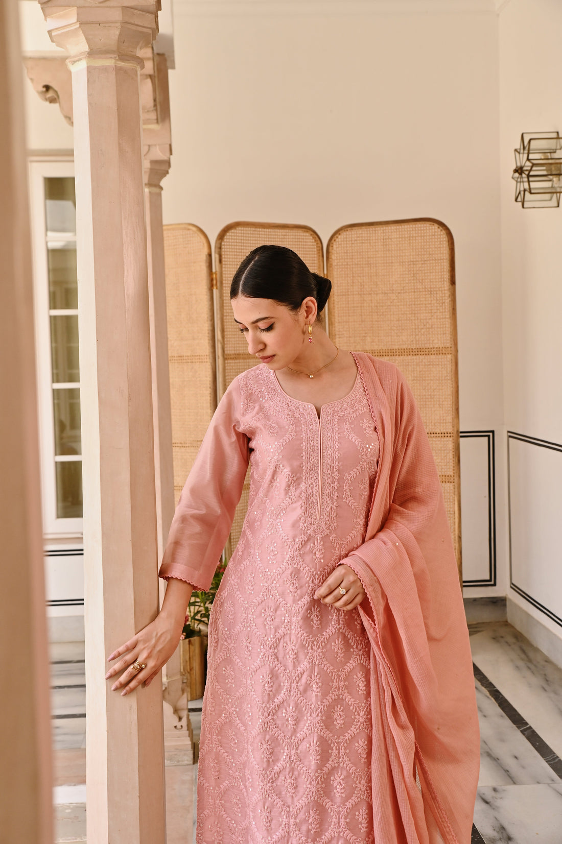 PEACH EMBROIDERED CHIKANKARI CHANDERI KURTA SET
