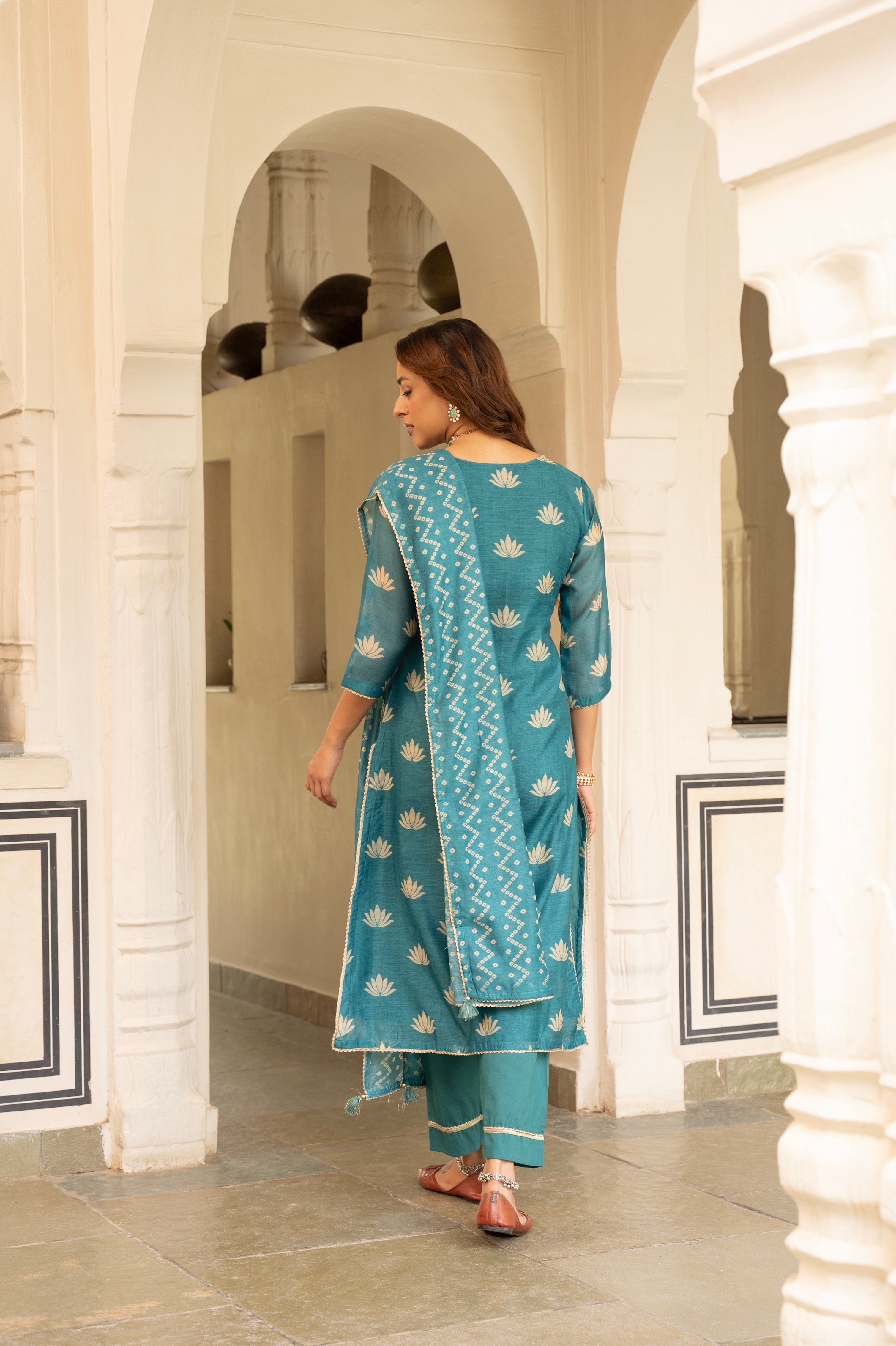 TEAL BLUE CHANDERI KURTA SET
