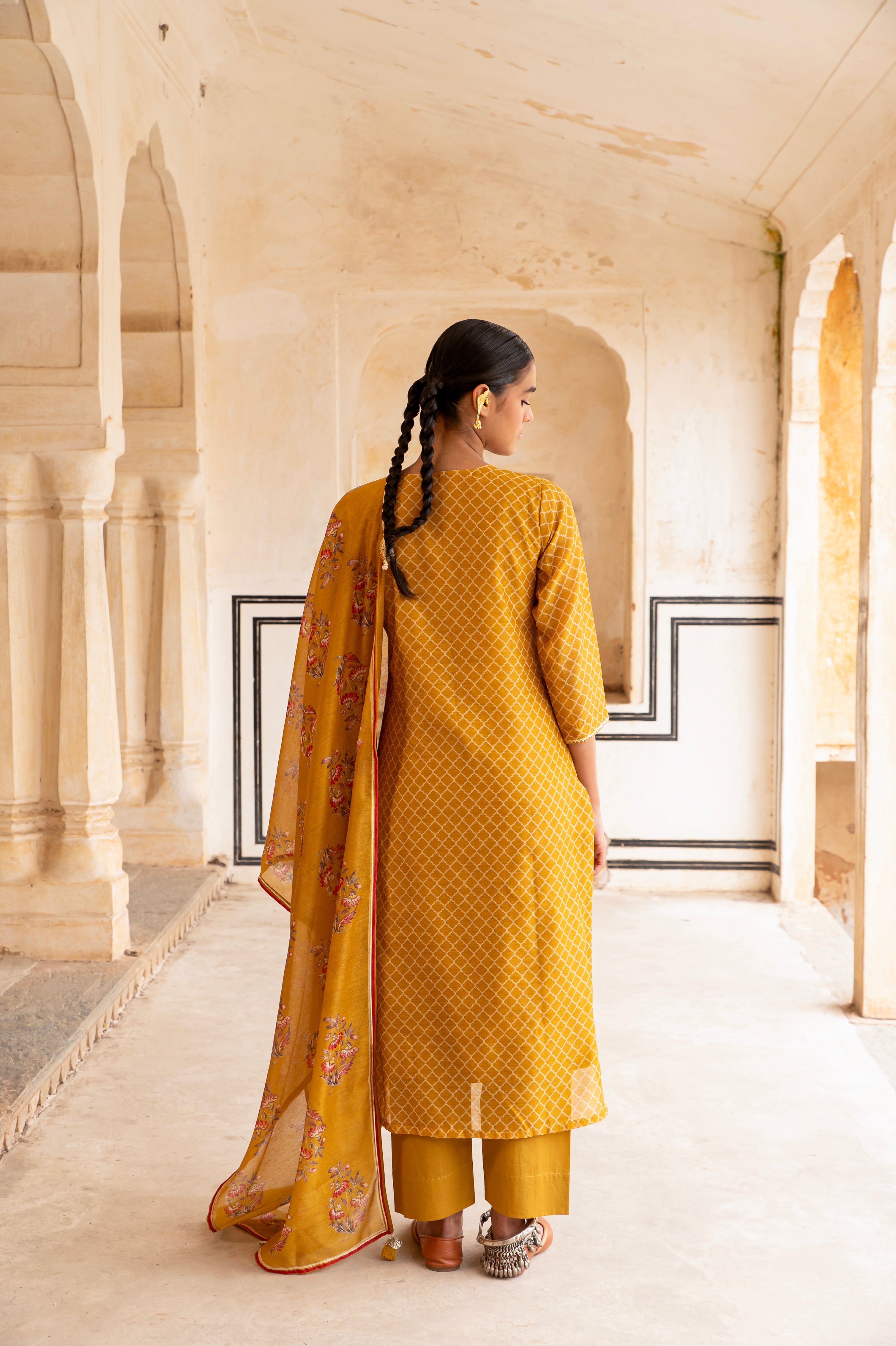MUSTARD V-NECK SCATTERED EMBROIDERED KURTA SET
