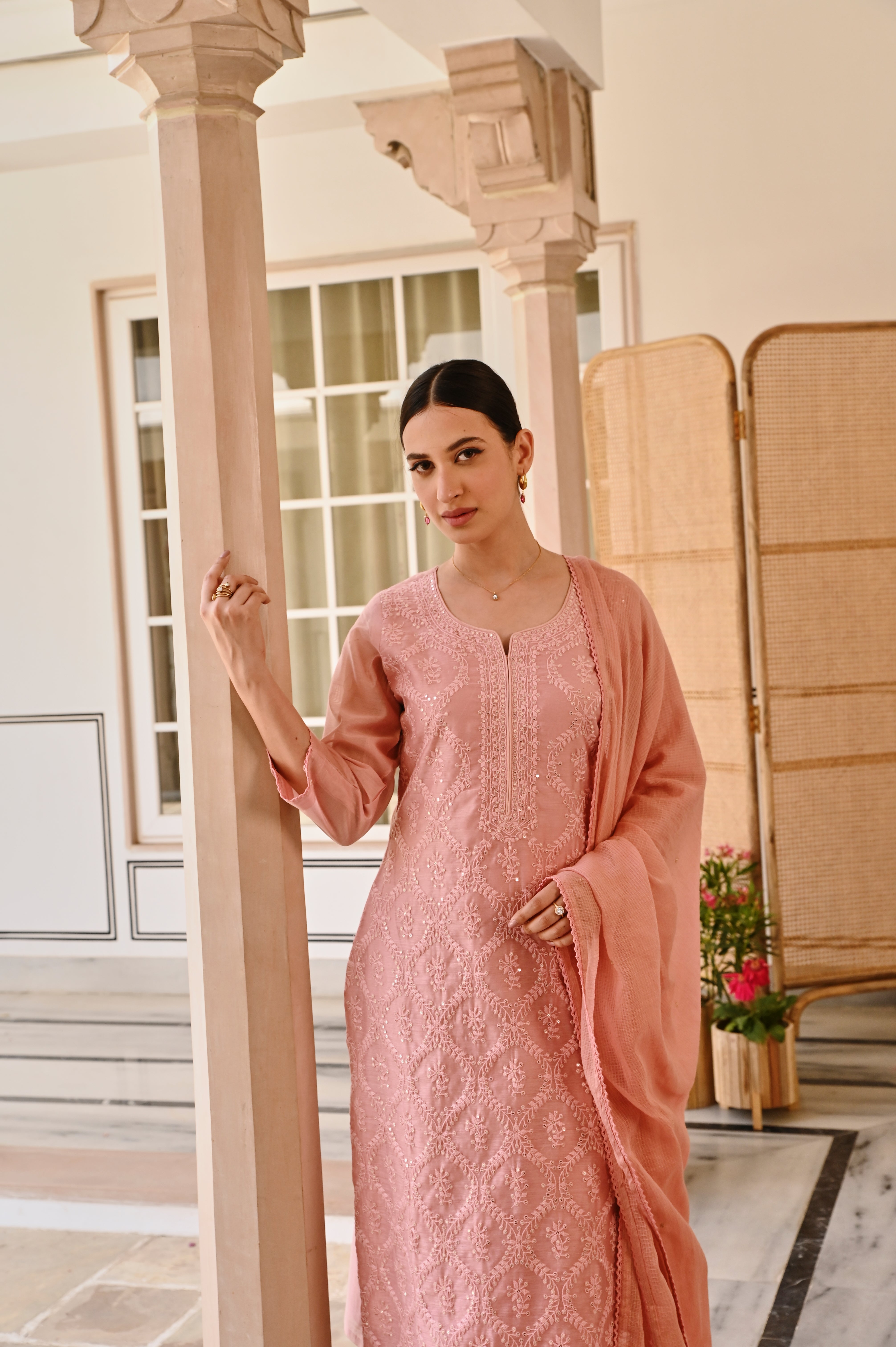 PEACH EMBROIDERED CHIKANKARI CHANDERI KURTA SET