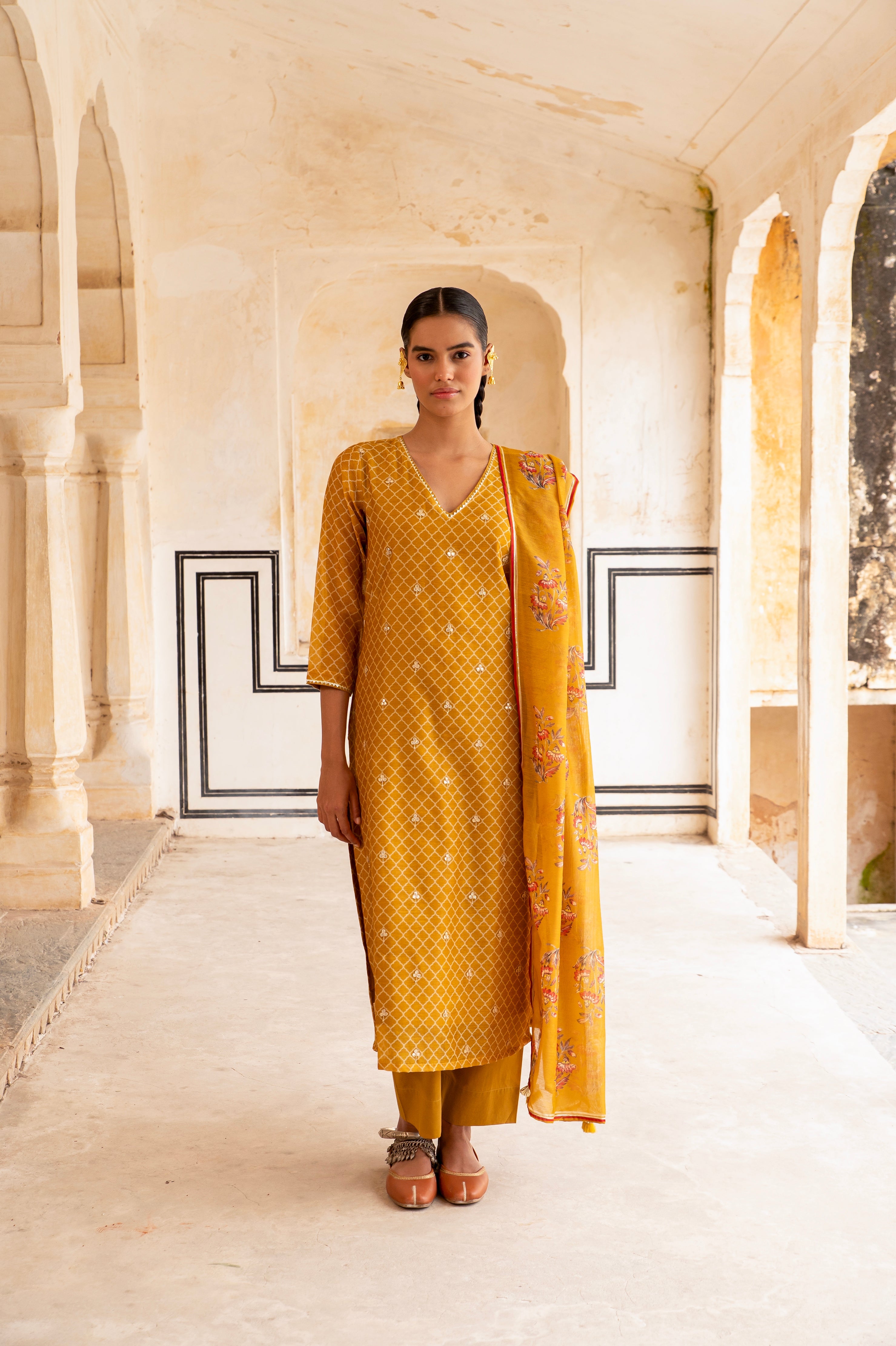 MUSTARD V-NECK SCATTERED EMBROIDERED KURTA SET