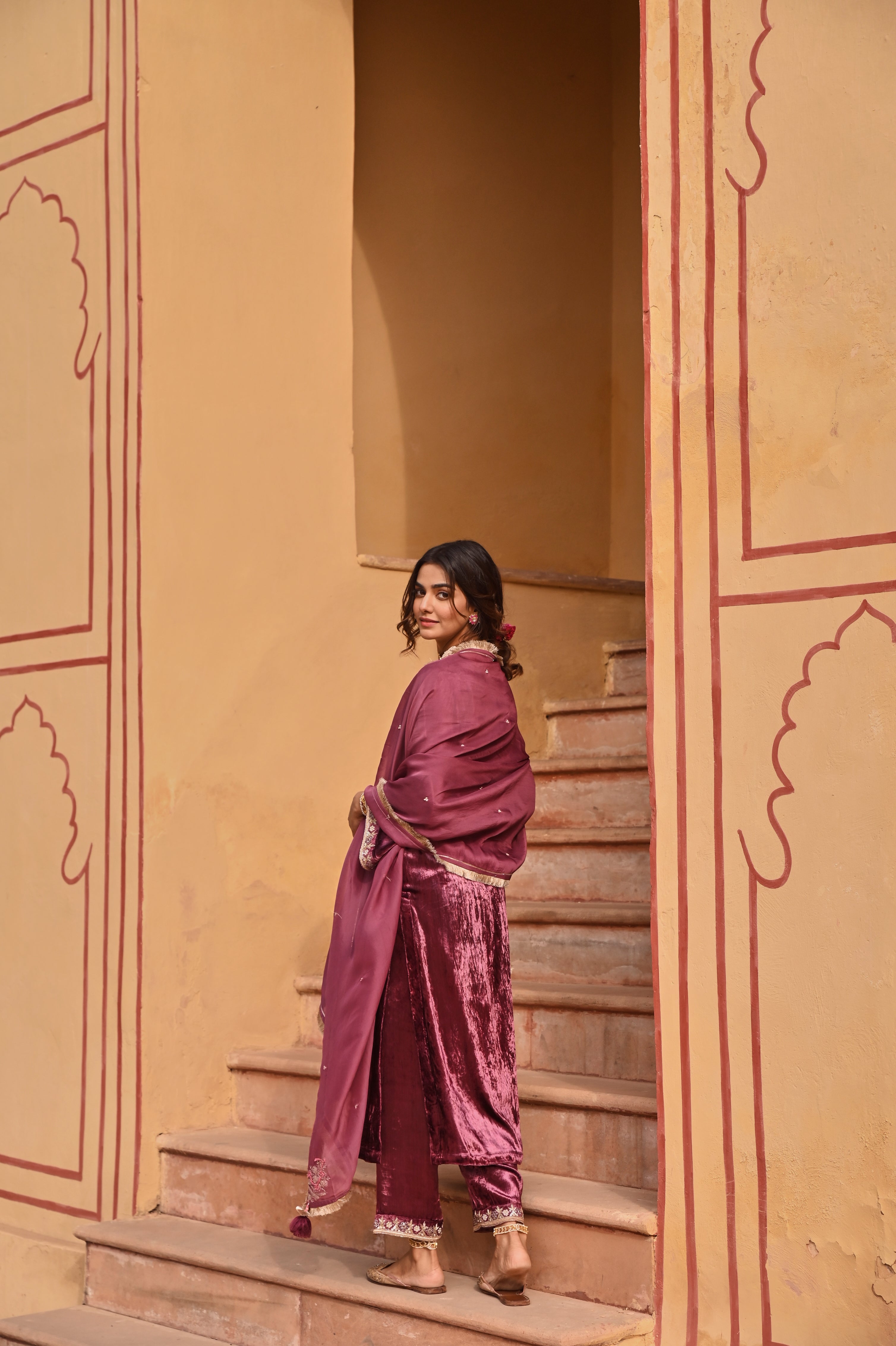 WINE VELVET KURTA SET