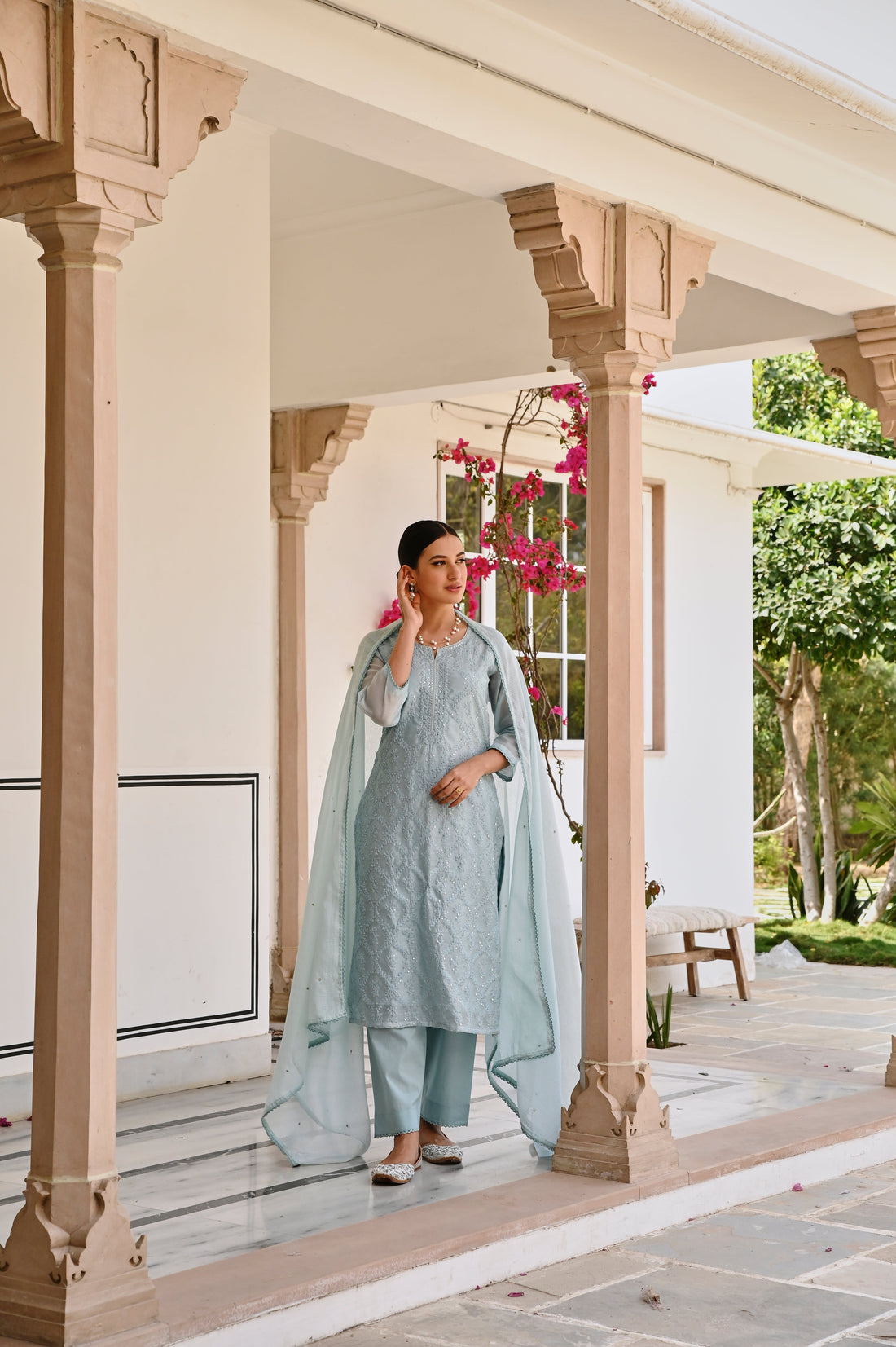 OCEAN GREEN EMBROIDERED CHIKANKARI CHANDERI KURTA SET