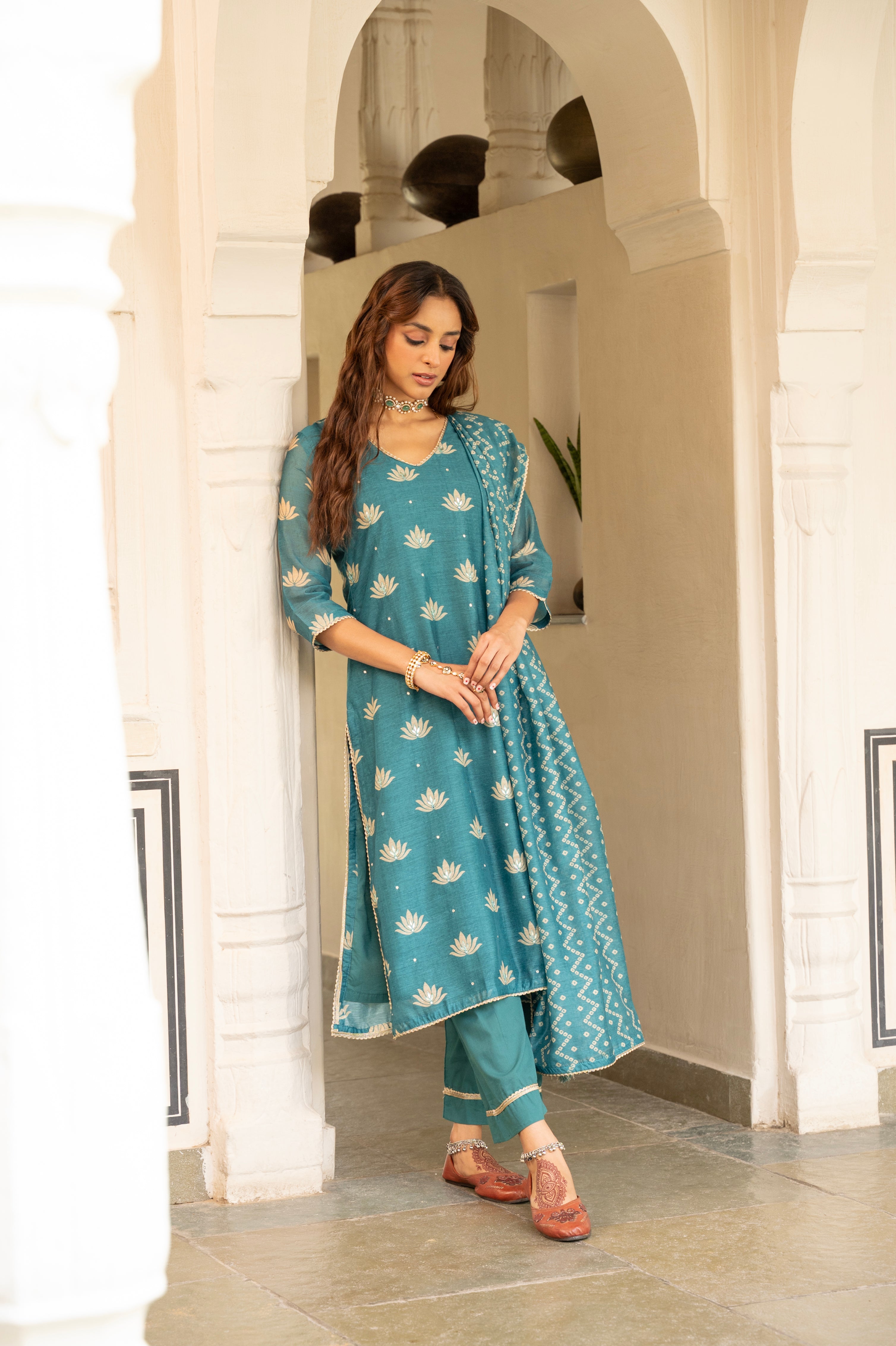TEAL BLUE CHANDERI KURTA SET