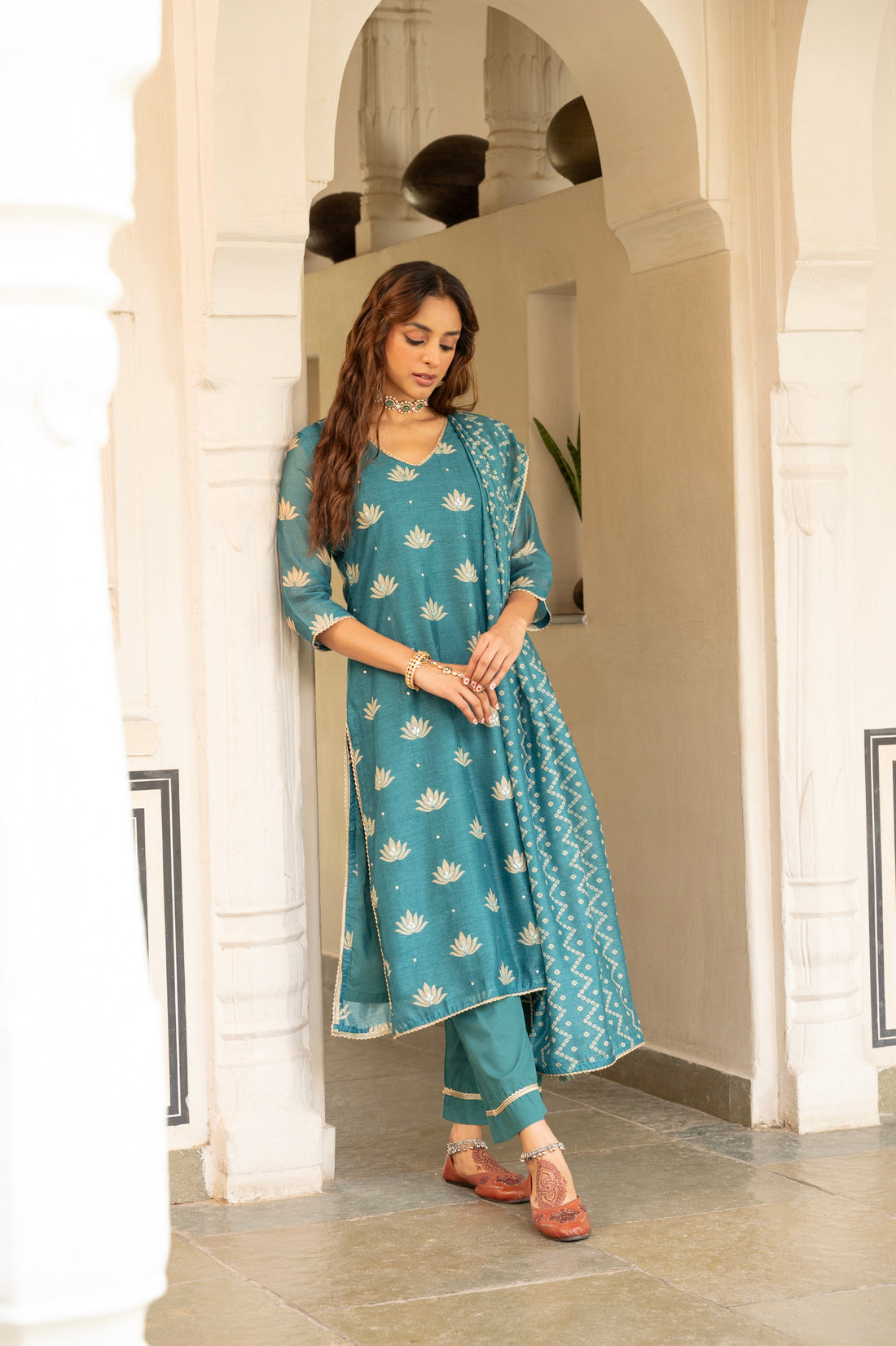 TEAL BLUE CHANDERI KURTA SET
