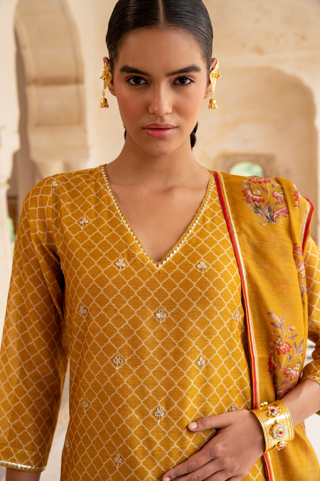 MUSTARD V-NECK SCATTERED EMBROIDERED KURTA SET