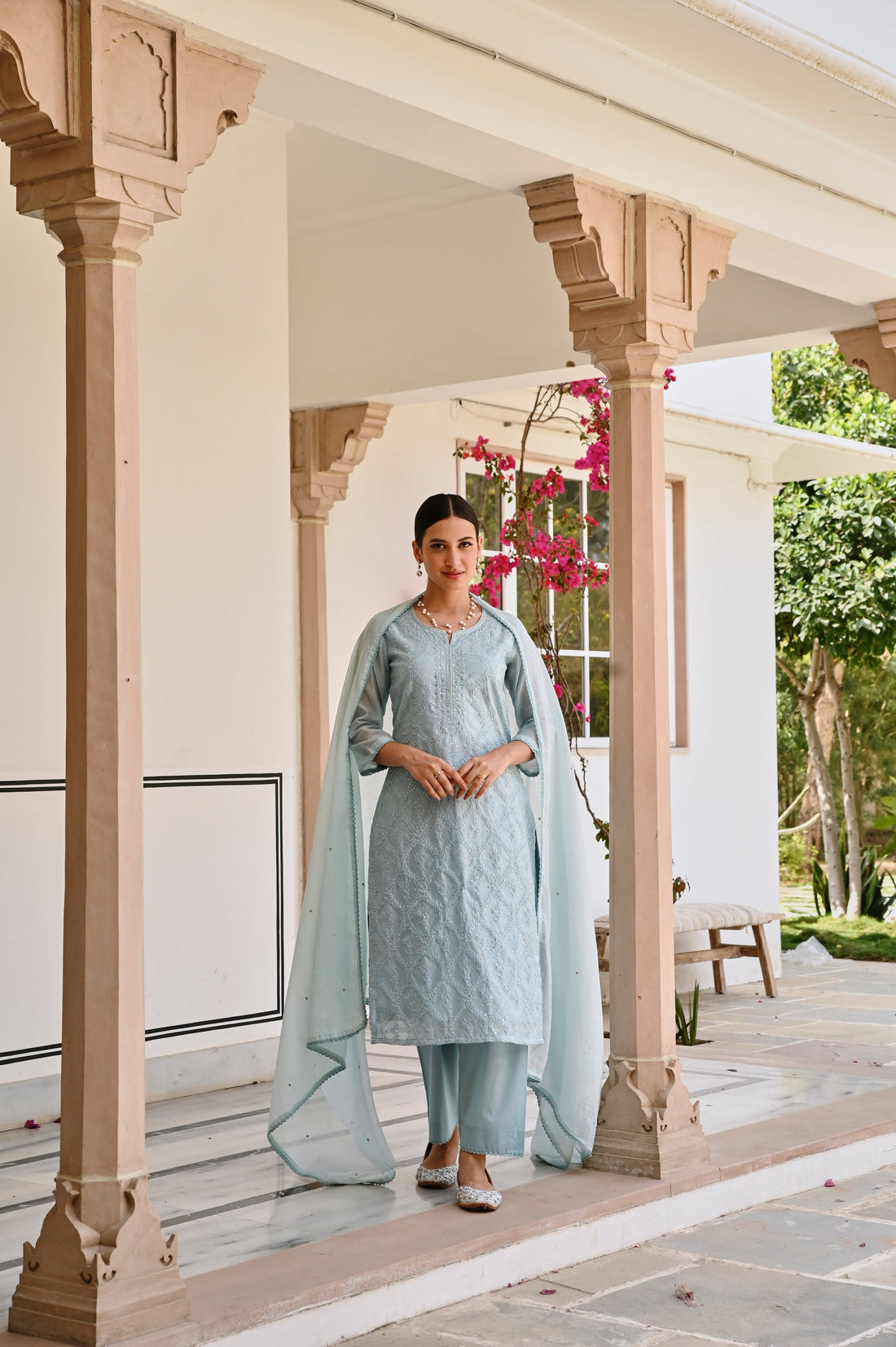 OCEAN GREEN EMBROIDERED CHIKANKARI CHANDERI KURTA SET