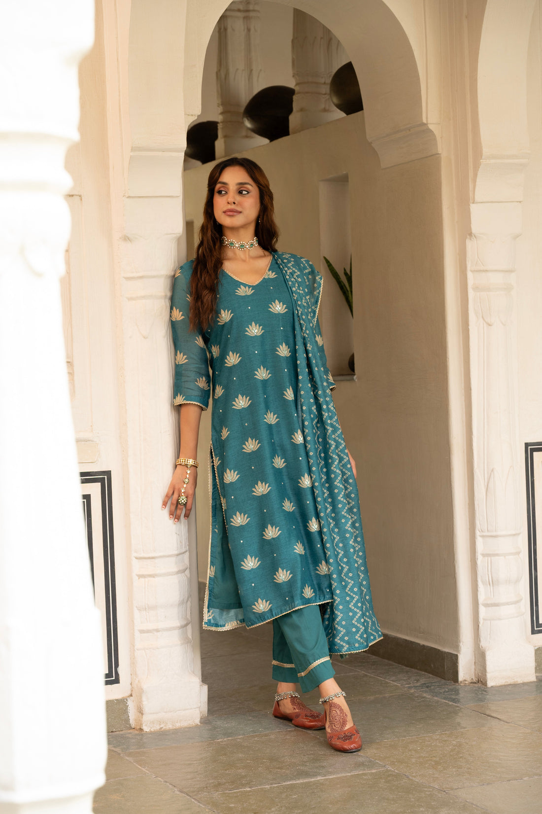 TEAL BLUE CHANDERI KURTA SET