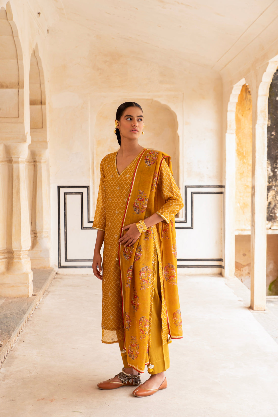 MUSTARD V-NECK SCATTERED EMBROIDERED KURTA SET
