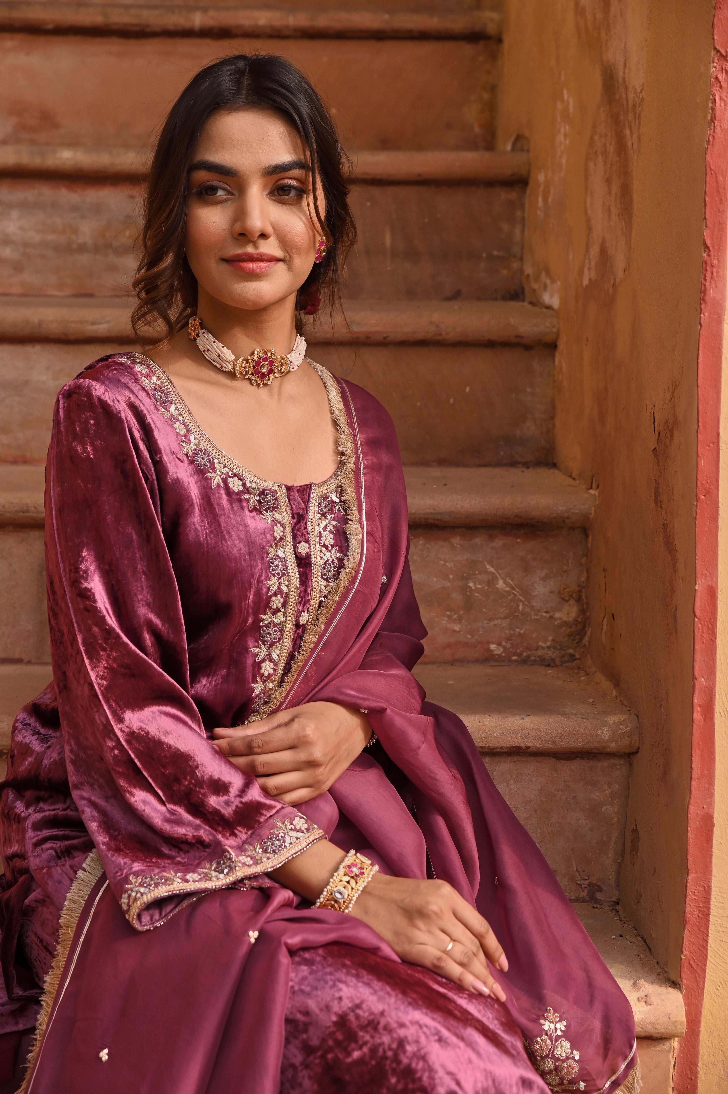 WINE VELVET KURTA SET