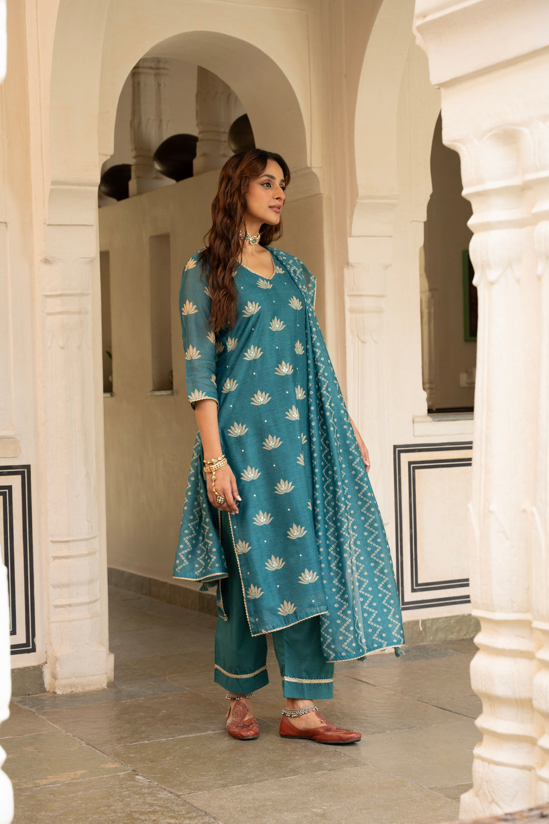 TEAL BLUE CHANDERI KURTA SET