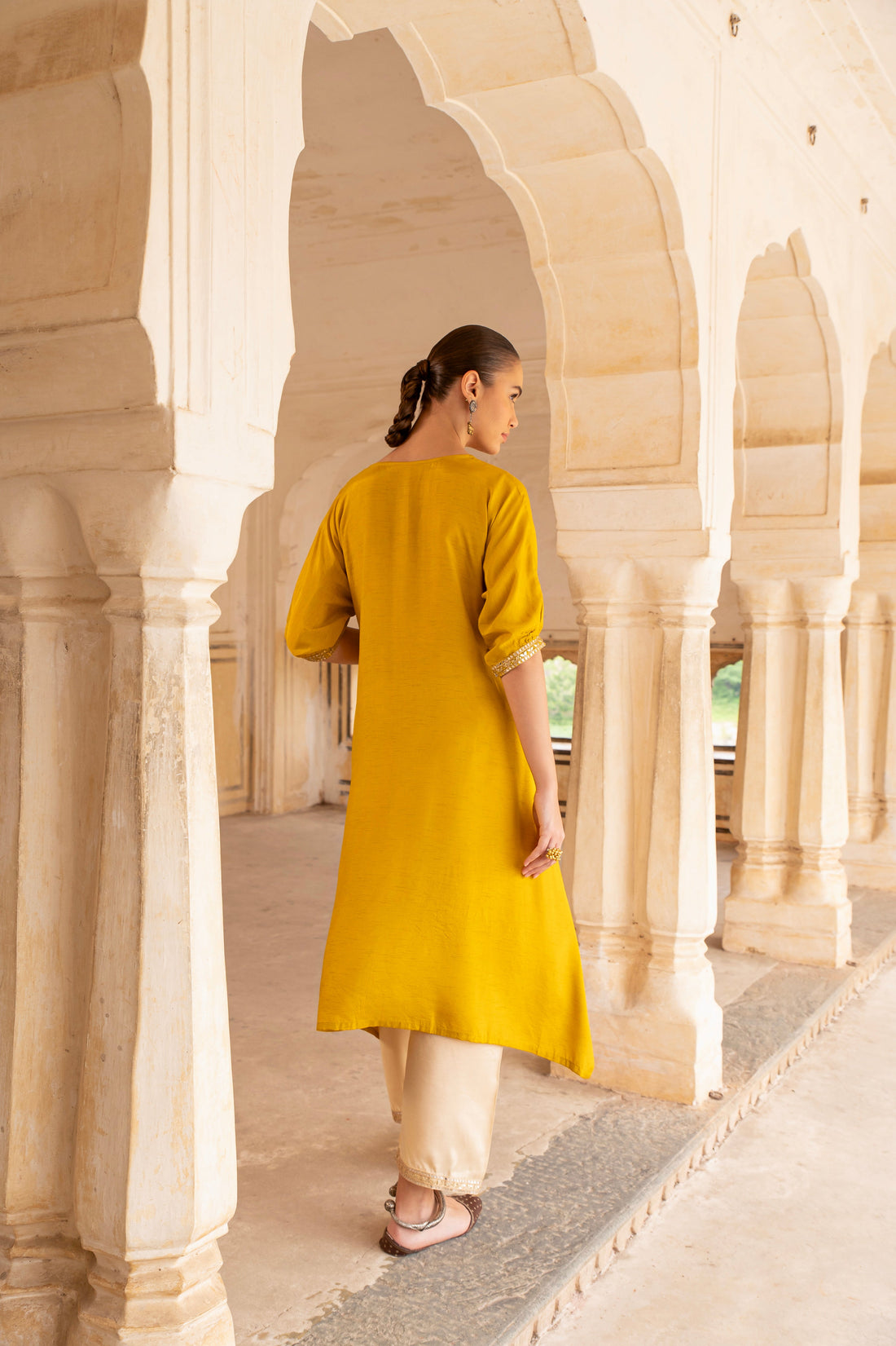 MUSTARD EMBRIDERED NECKLINE A-LINE KURTA SET