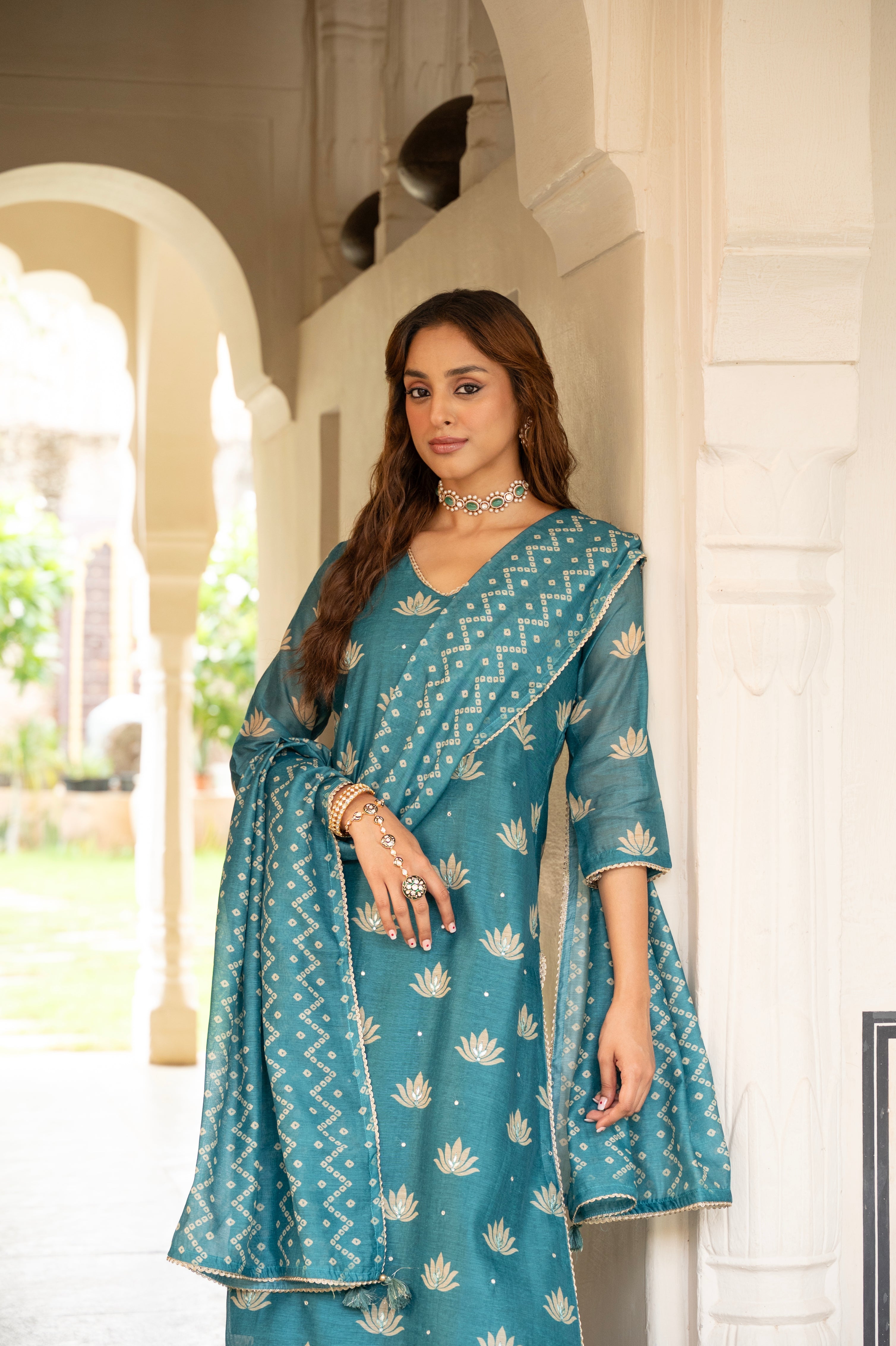 TEAL BLUE CHANDERI KURTA SET