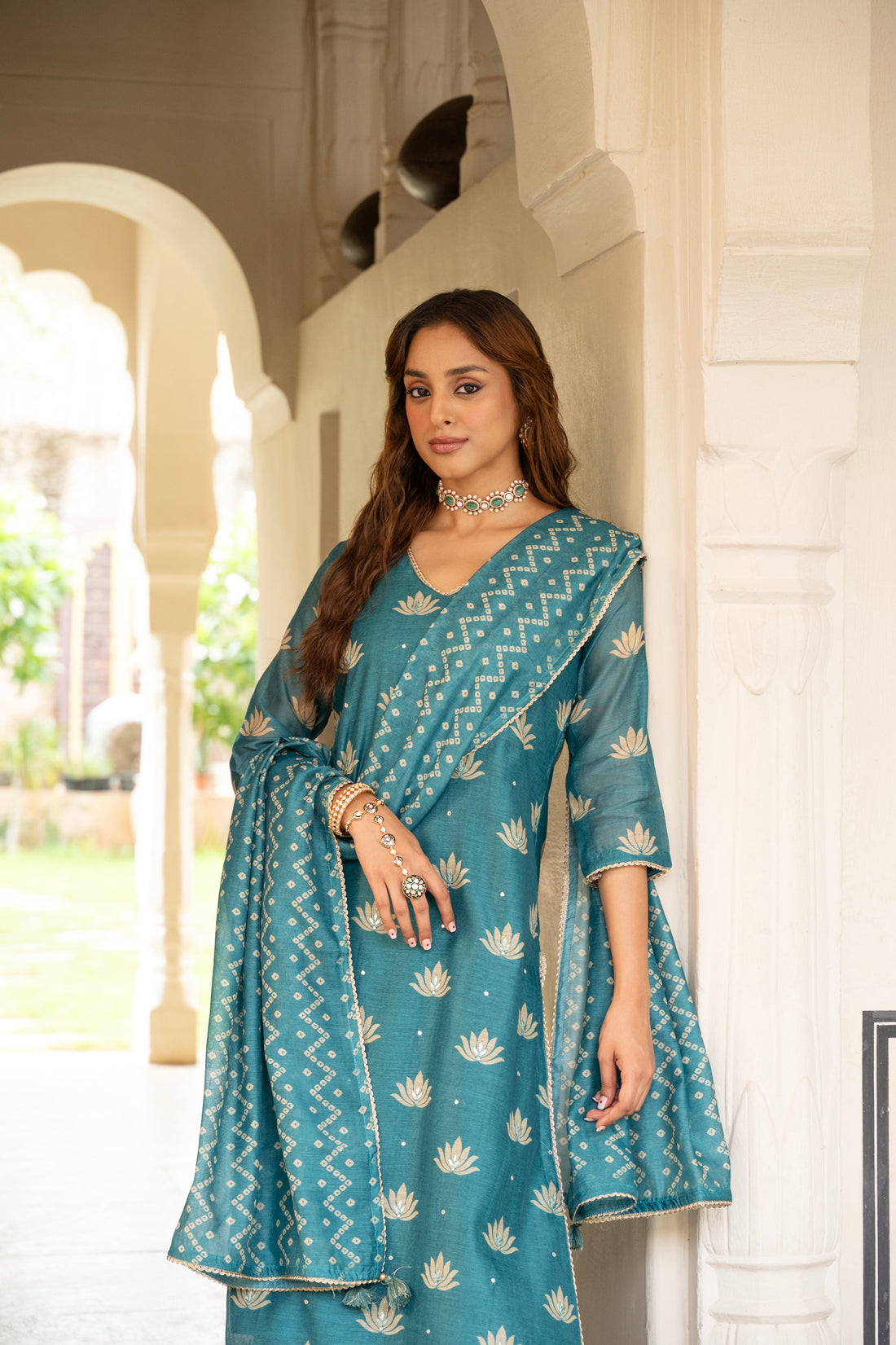 TEAL BLUE CHANDERI KURTA SET