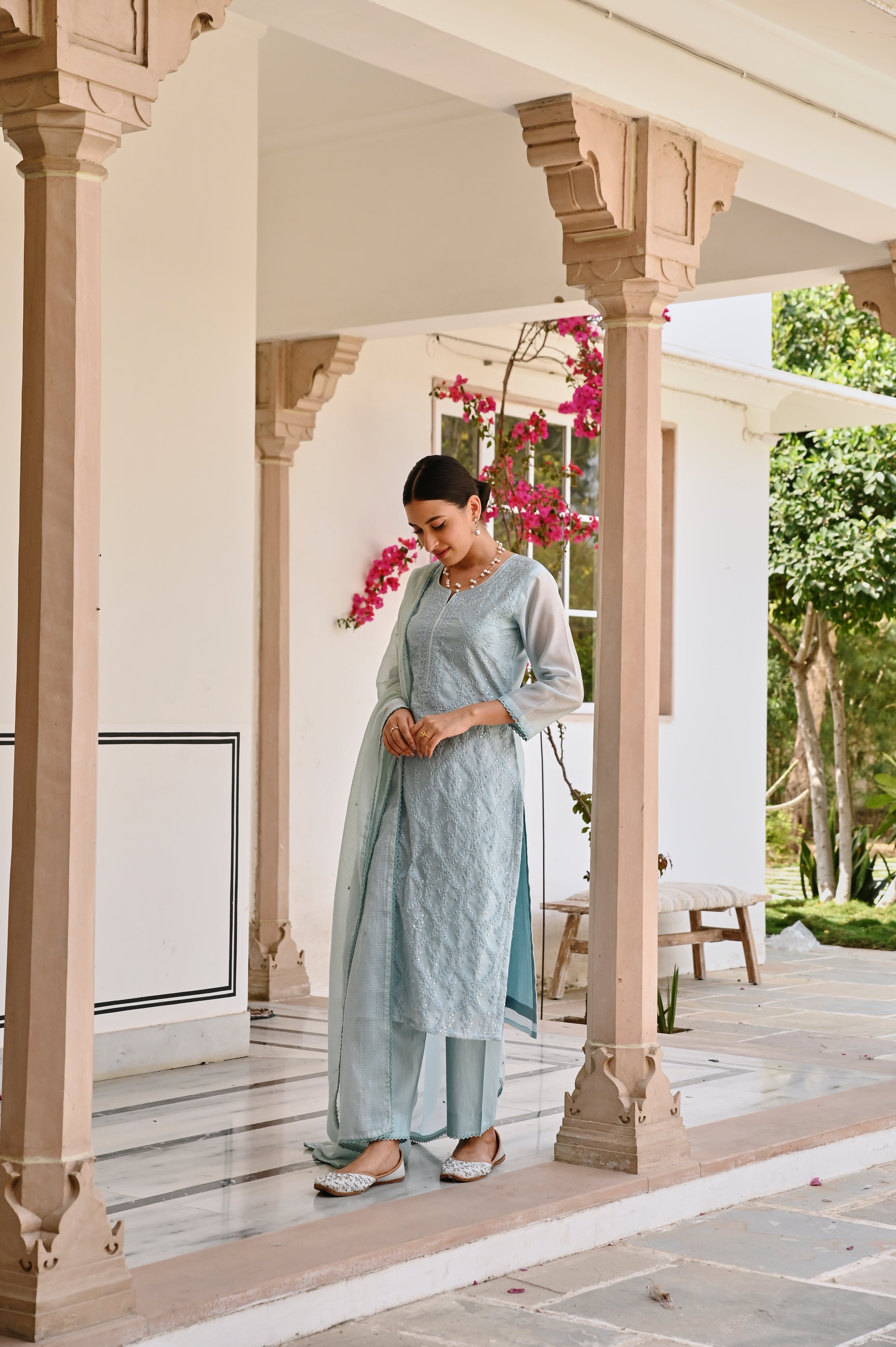 OCEAN GREEN EMBROIDERED CHIKANKARI CHANDERI KURTA SET