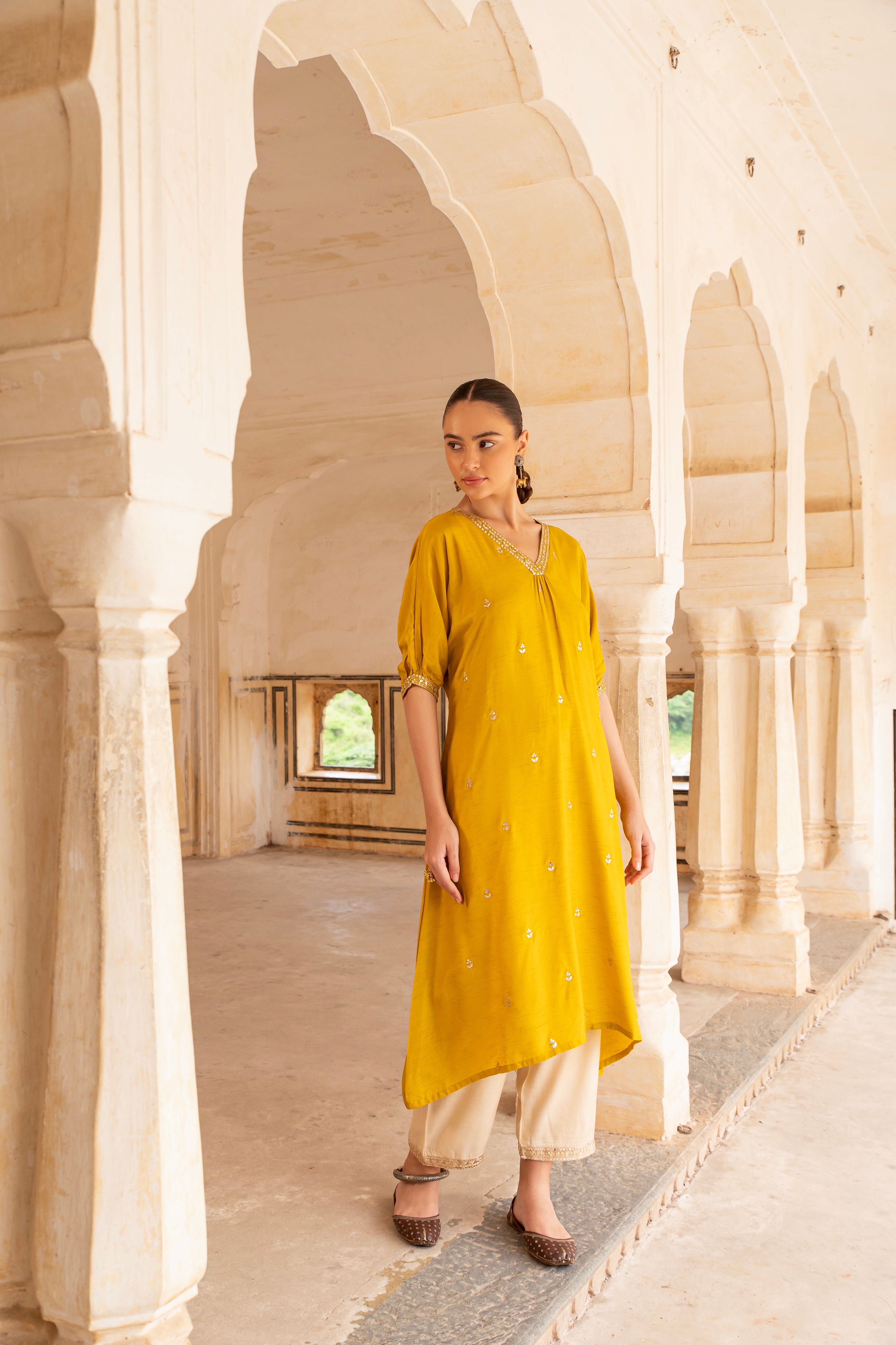 MUSTARD EMBRIDERED NECKLINE A-LINE KURTA SET