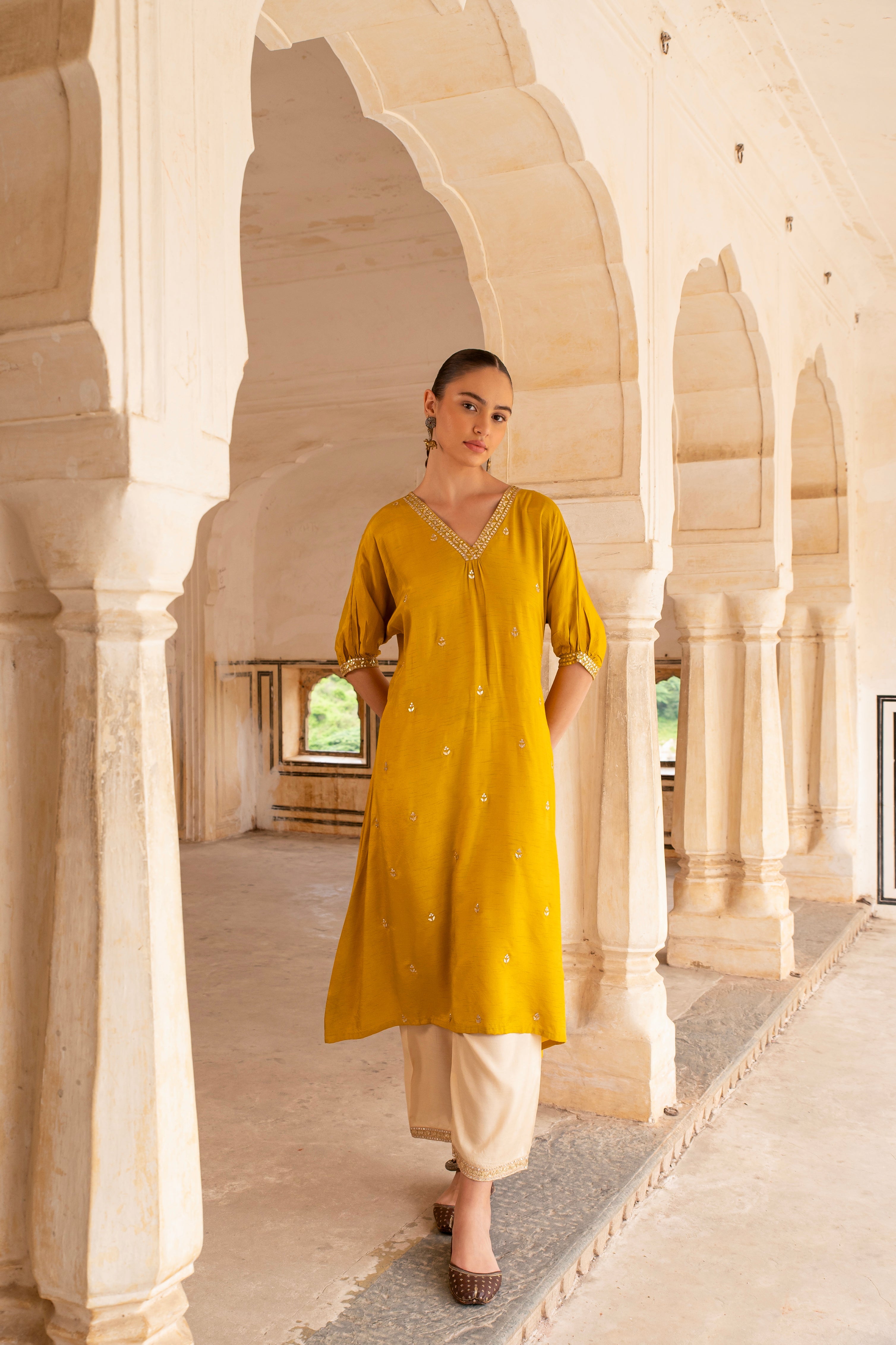 MUSTARD EMBRIDERED NECKLINE A-LINE KURTA SET