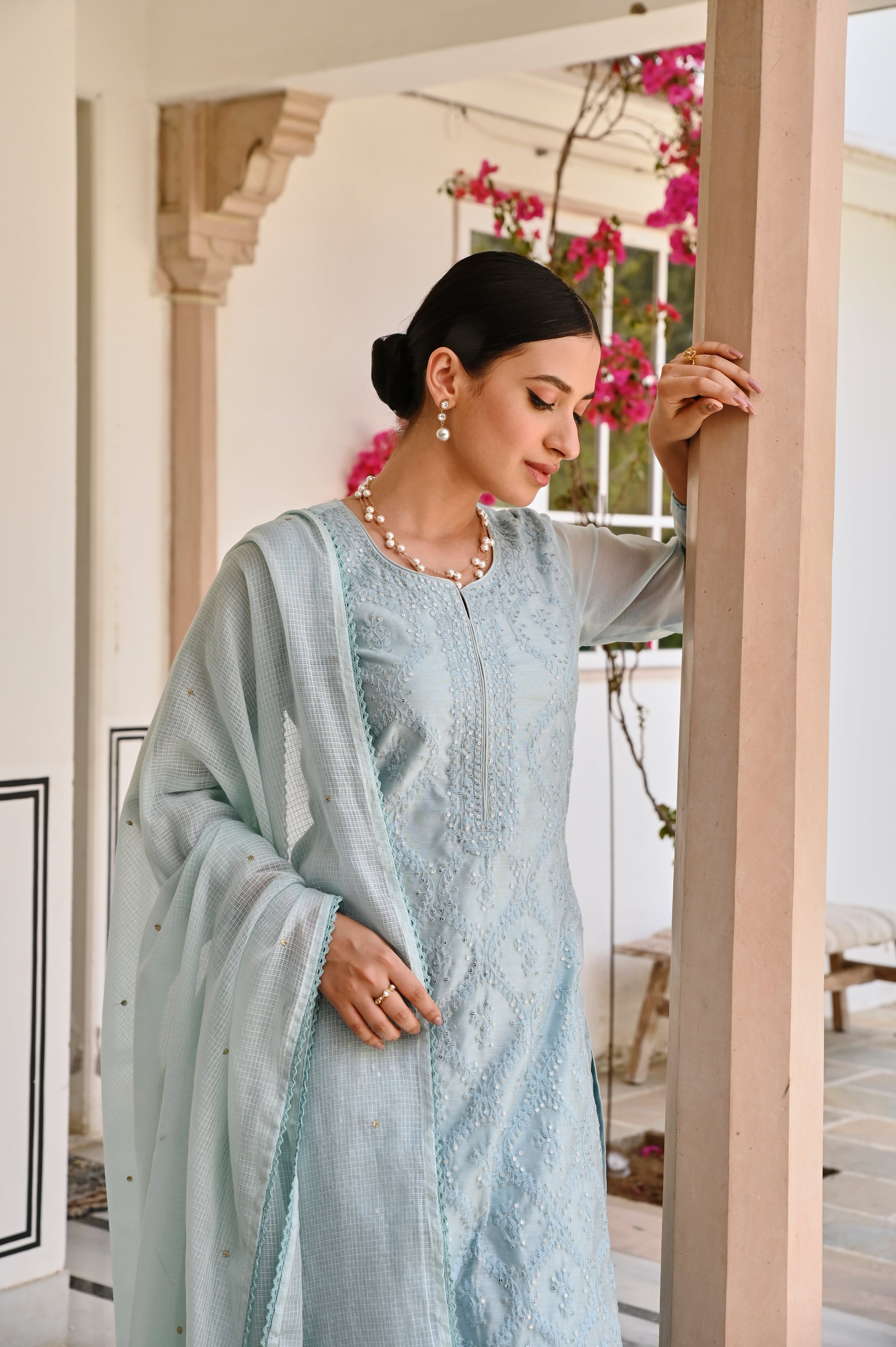 OCEAN GREEN EMBROIDERED CHIKANKARI CHANDERI KURTA SET