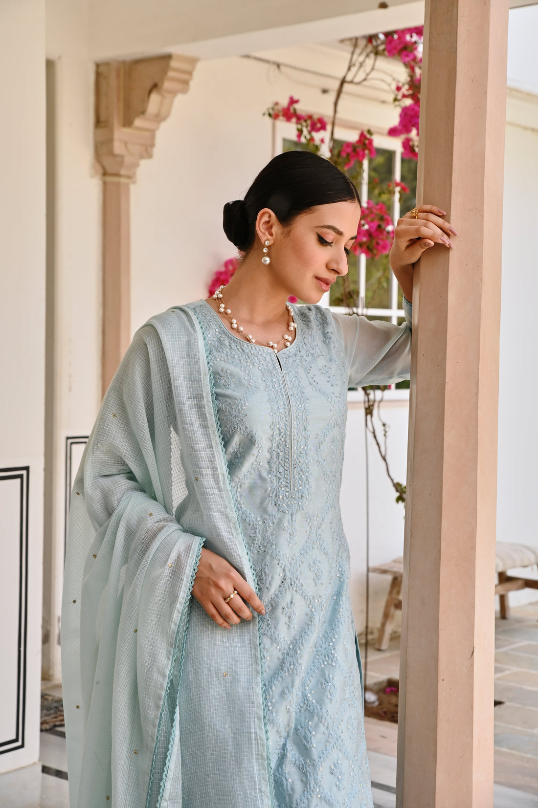 OCEAN GREEN EMBROIDERED CHIKANKARI CHANDERI KURTA SET