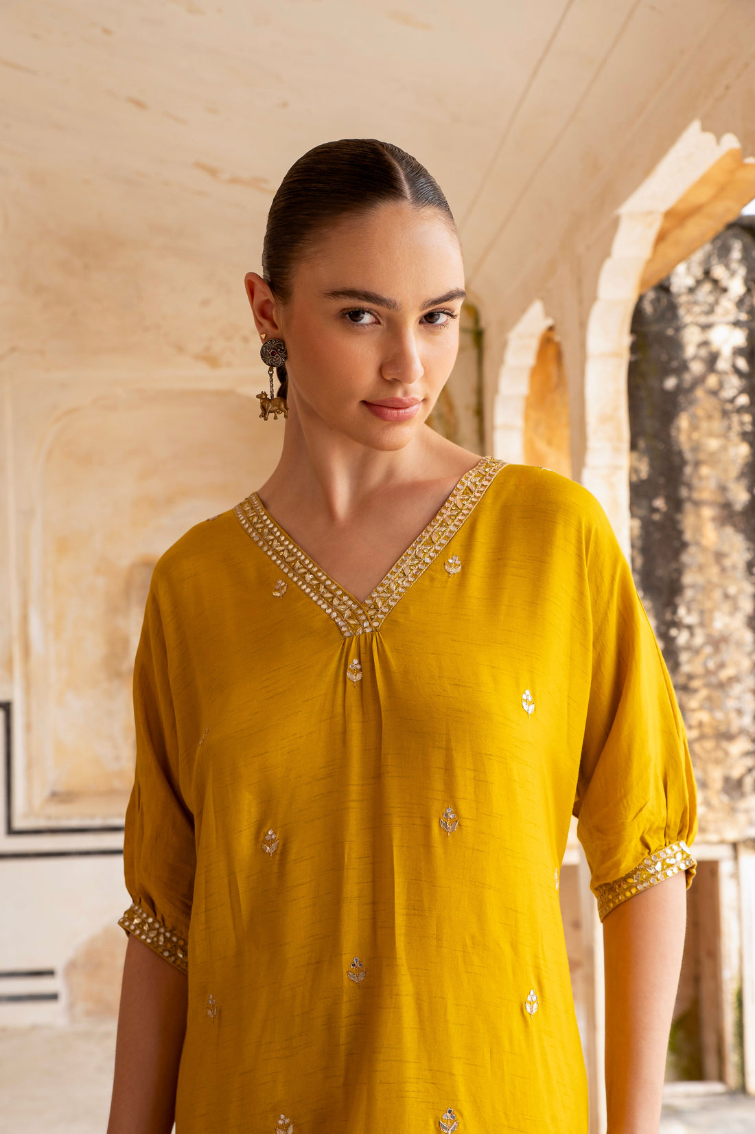 MUSTARD EMBRIDERED NECKLINE A-LINE KURTA SET