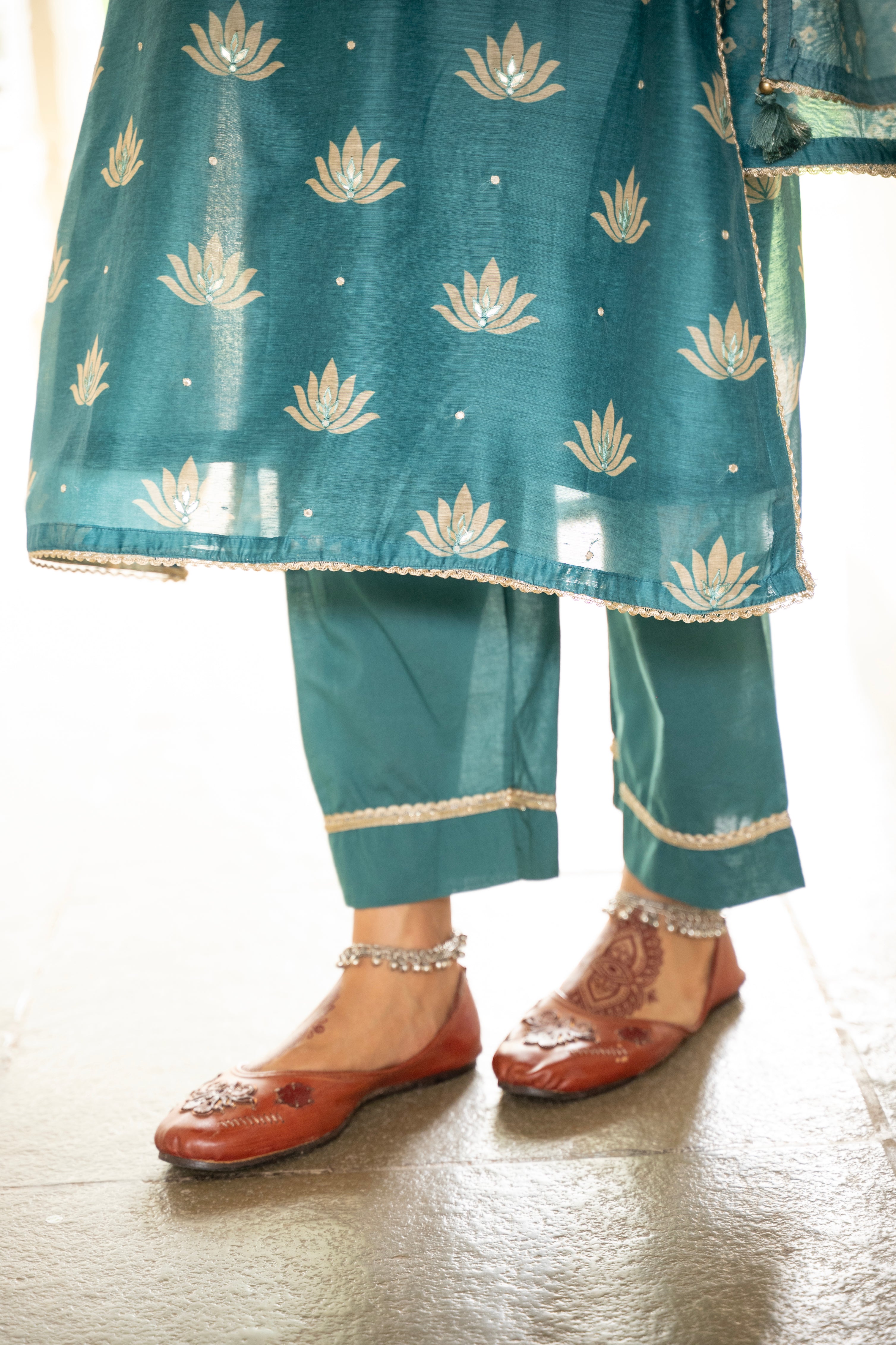 TEAL BLUE CHANDERI KURTA SET