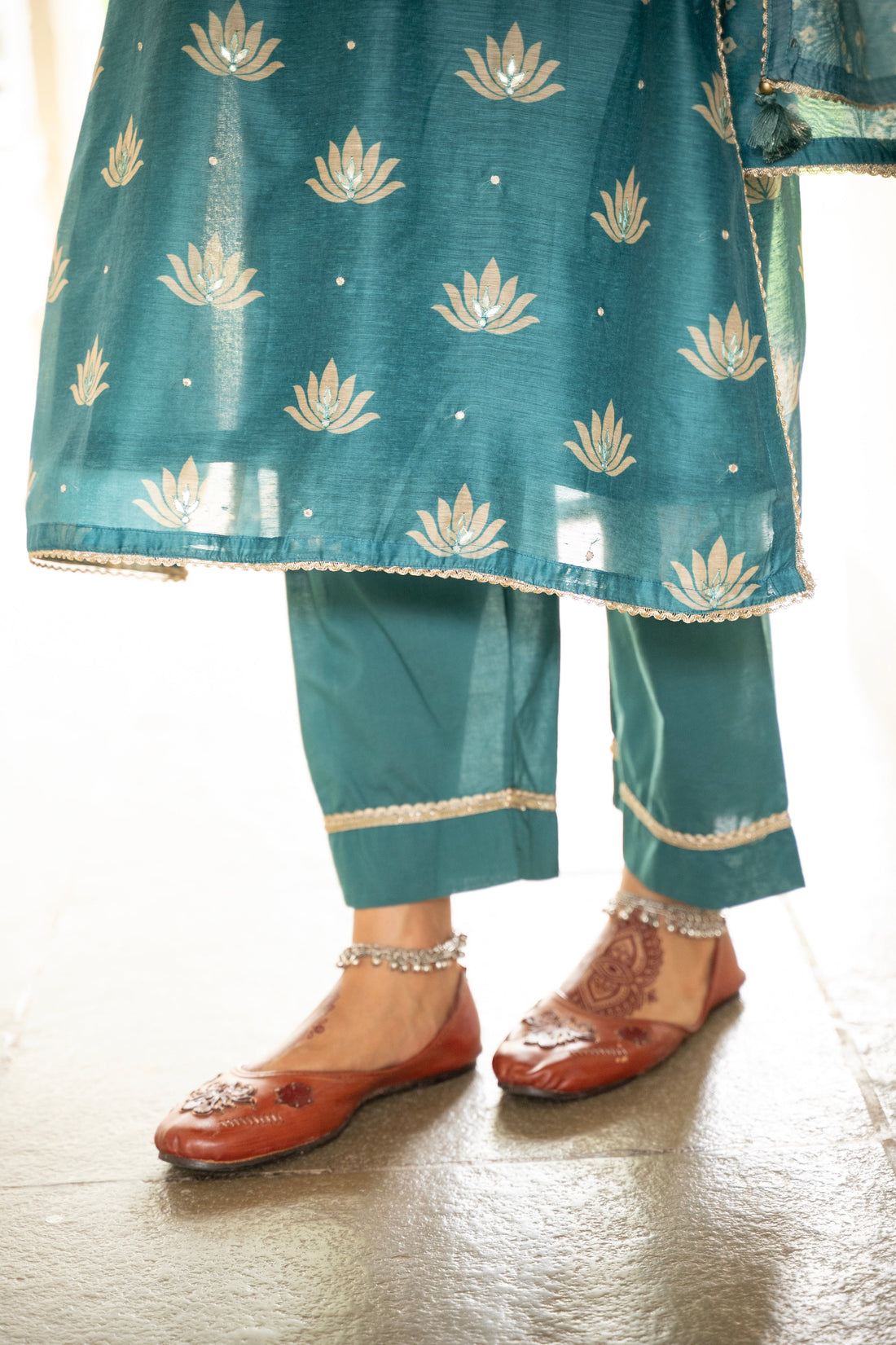 TEAL BLUE CHANDERI KURTA SET