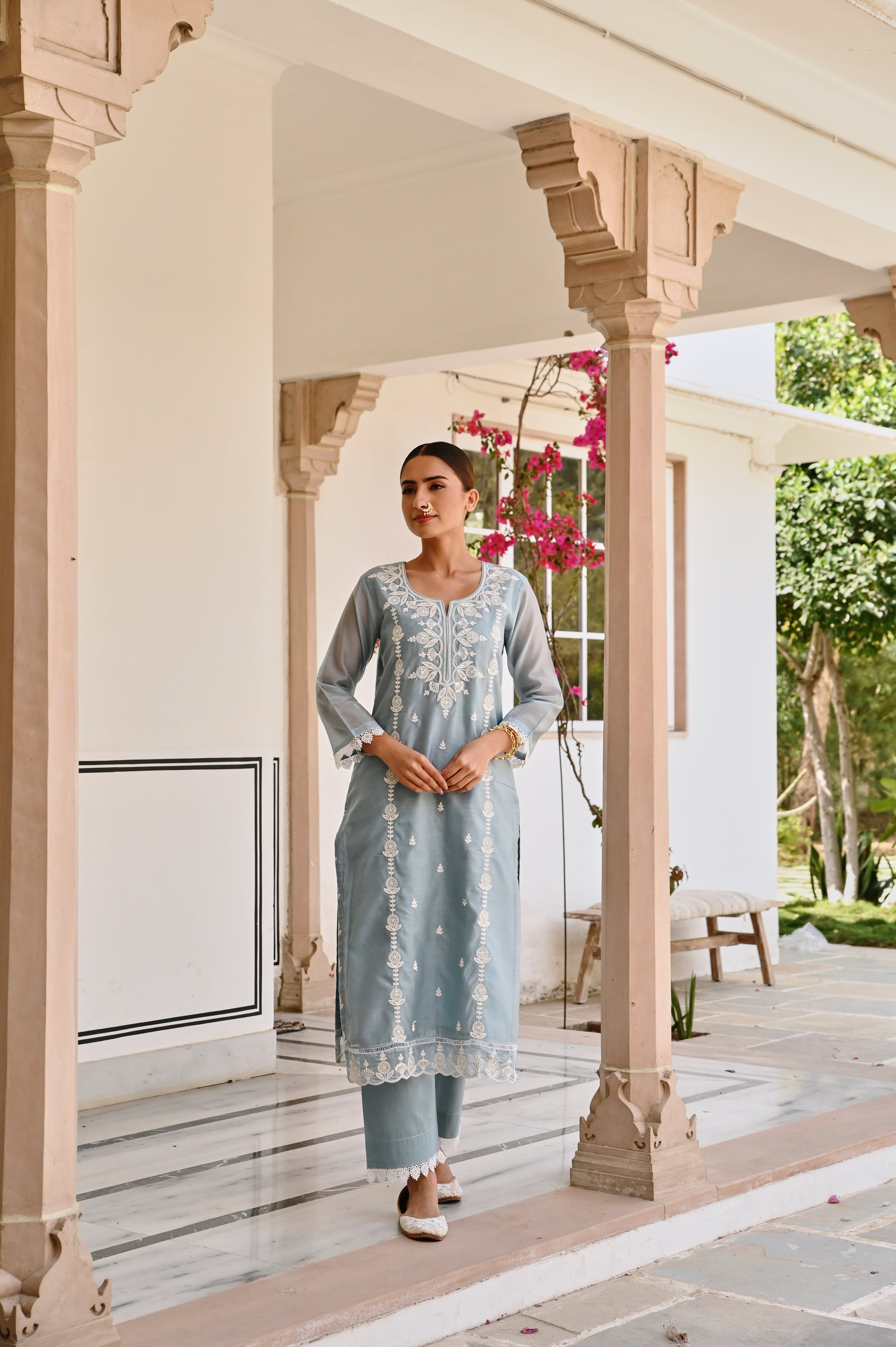 OCEAN GREEN CHIKANKARI EMBROIDERED KURTA SET