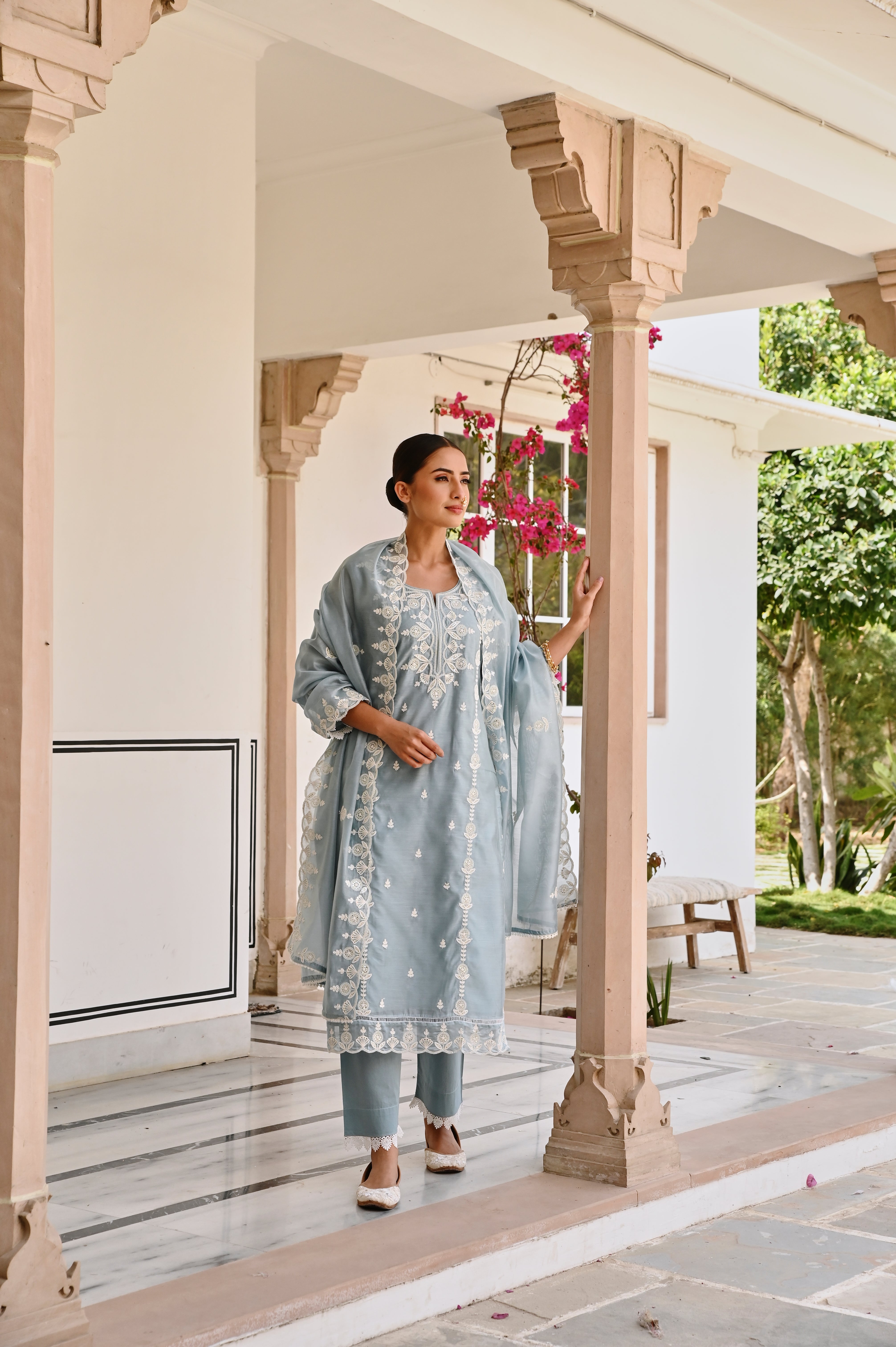 OCEAN GREEN CHIKANKARI EMBROIDERED KURTA SET
