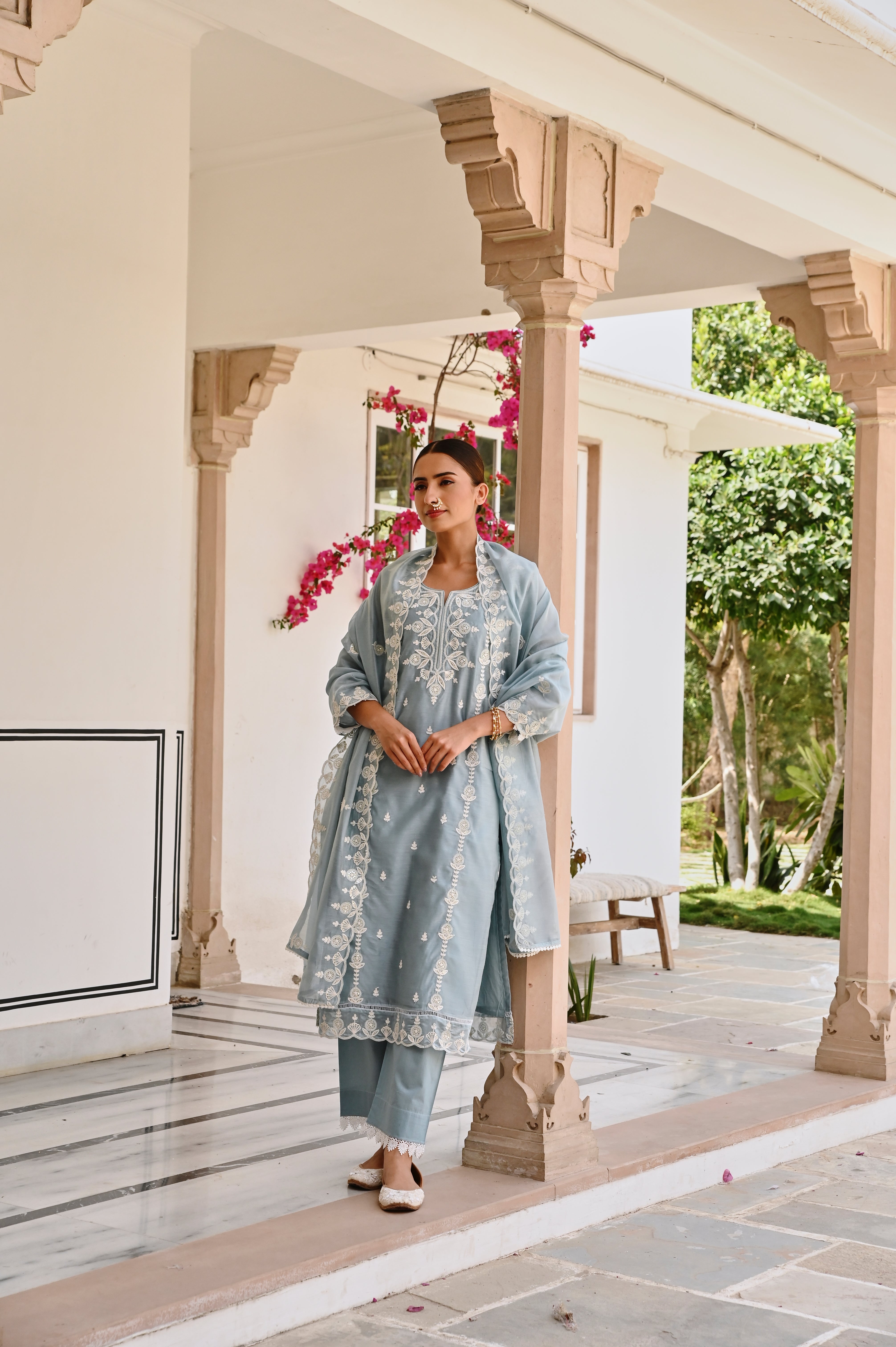 OCEAN GREEN CHIKANKARI EMBROIDERED KURTA SET