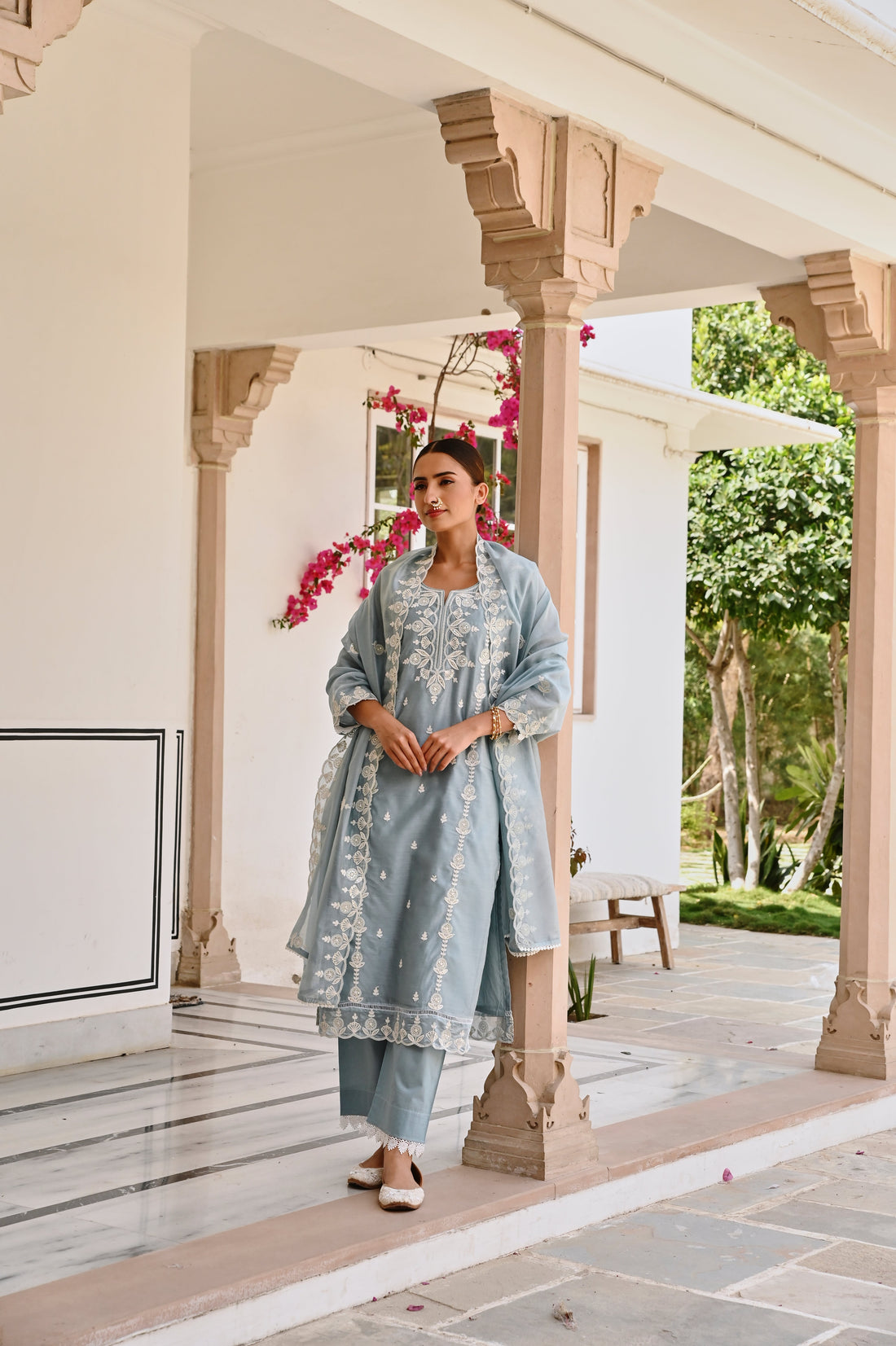 OCEAN GREEN CHIKANKARI EMBROIDERED KURTA SET