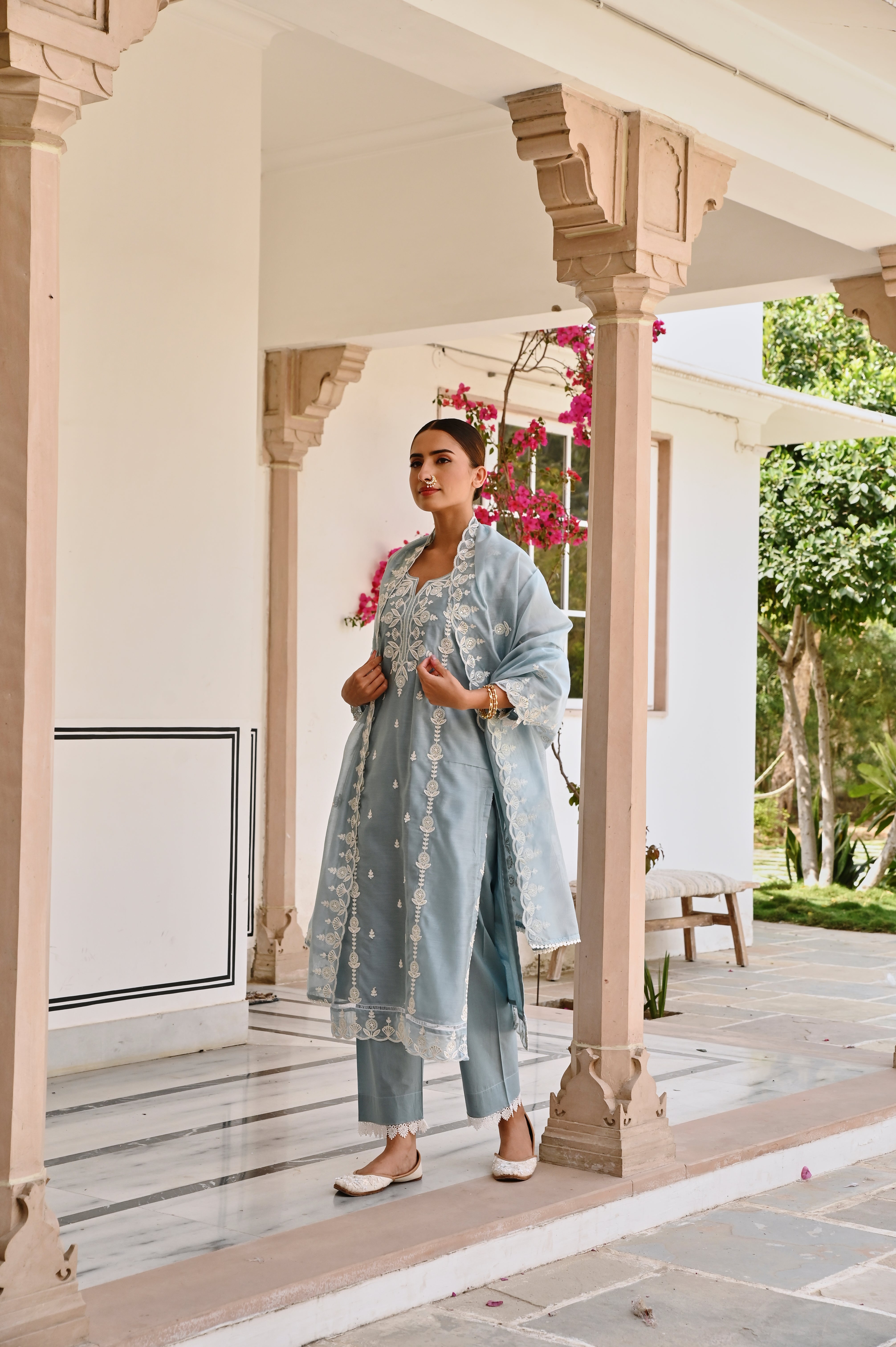 OCEAN GREEN CHIKANKARI EMBROIDERED KURTA SET