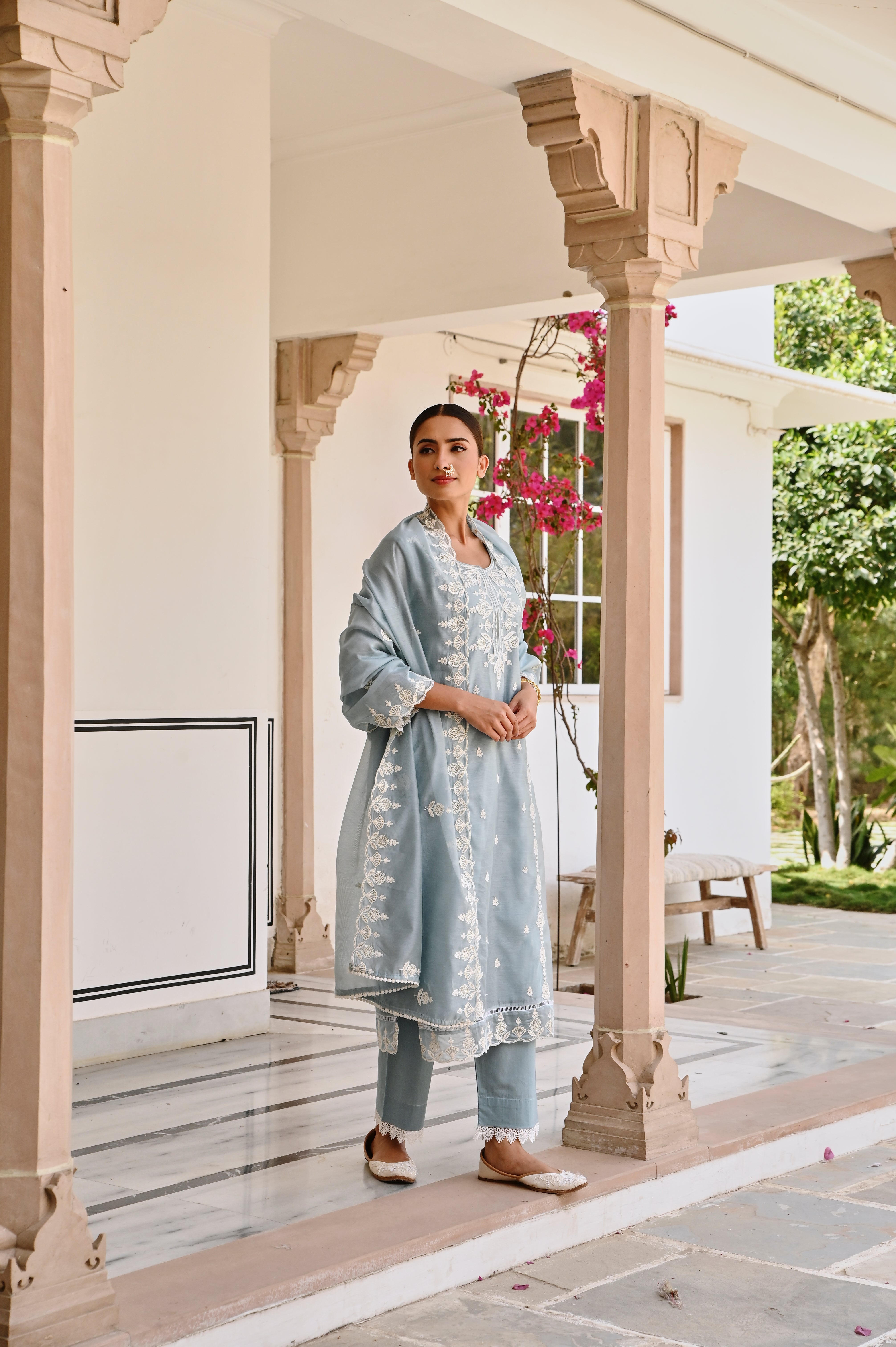 OCEAN GREEN CHIKANKARI EMBROIDERED KURTA SET