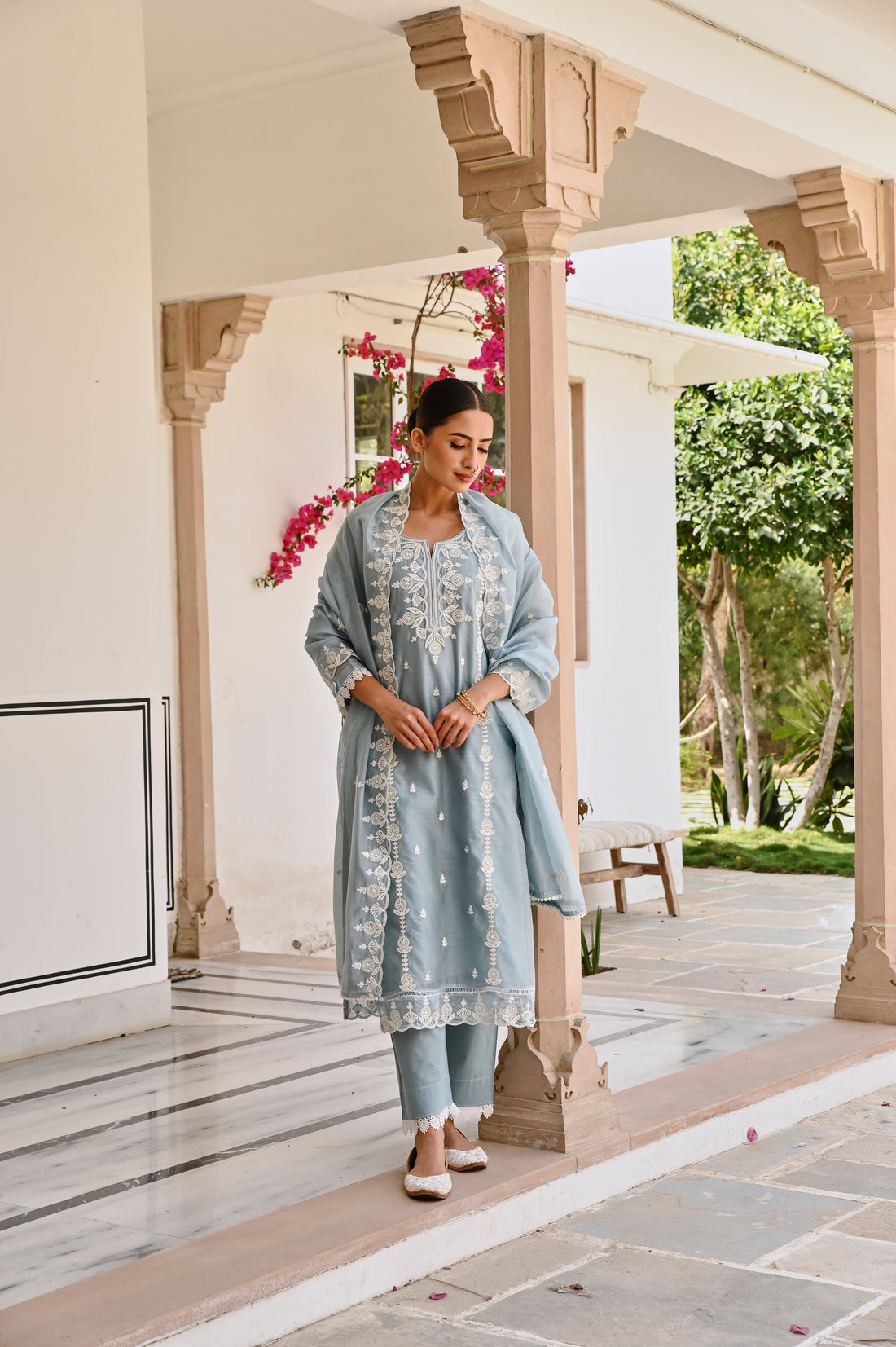 OCEAN GREEN CHIKANKARI EMBROIDERED KURTA SET