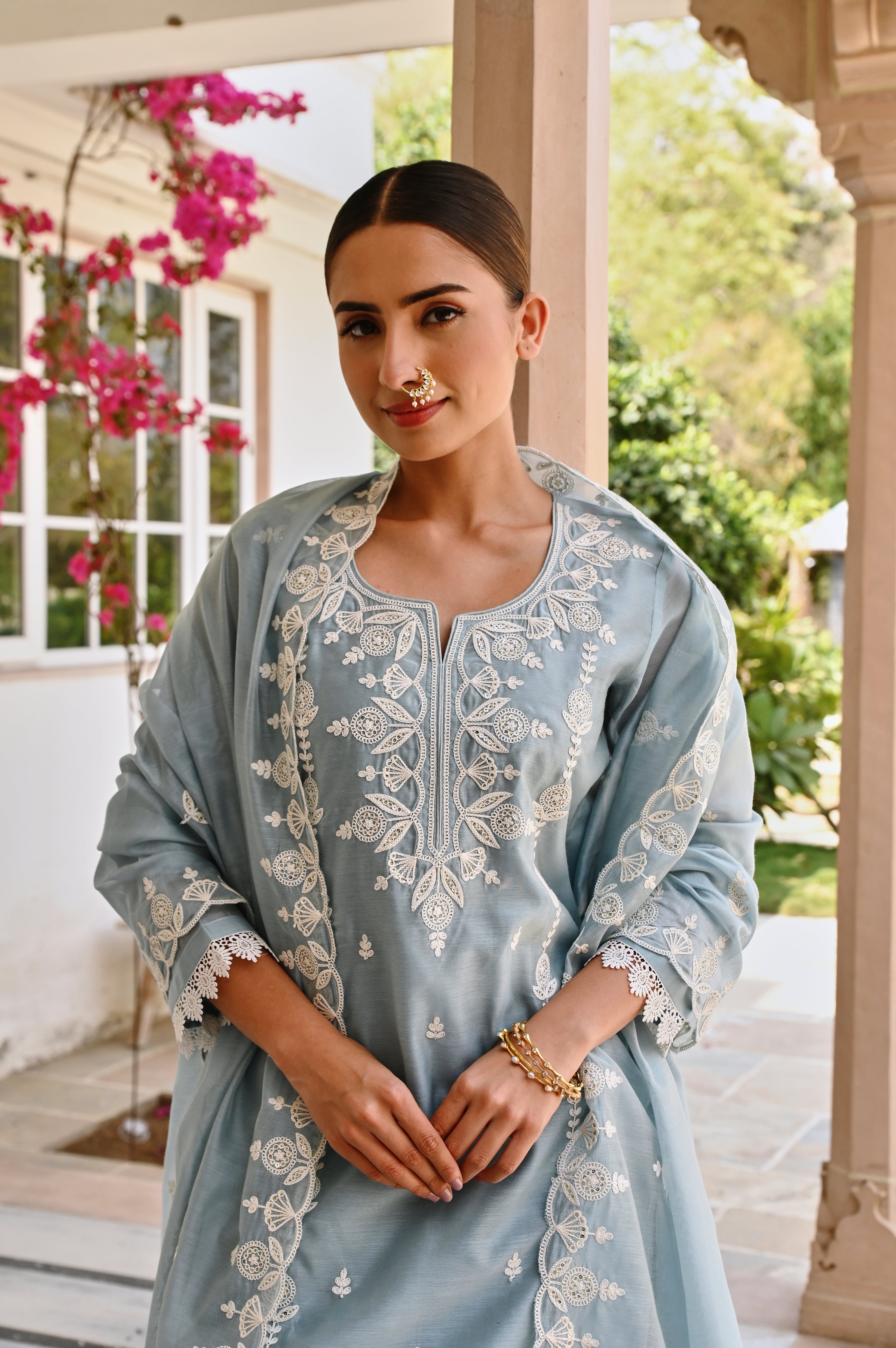OCEAN GREEN CHIKANKARI EMBROIDERED KURTA SET