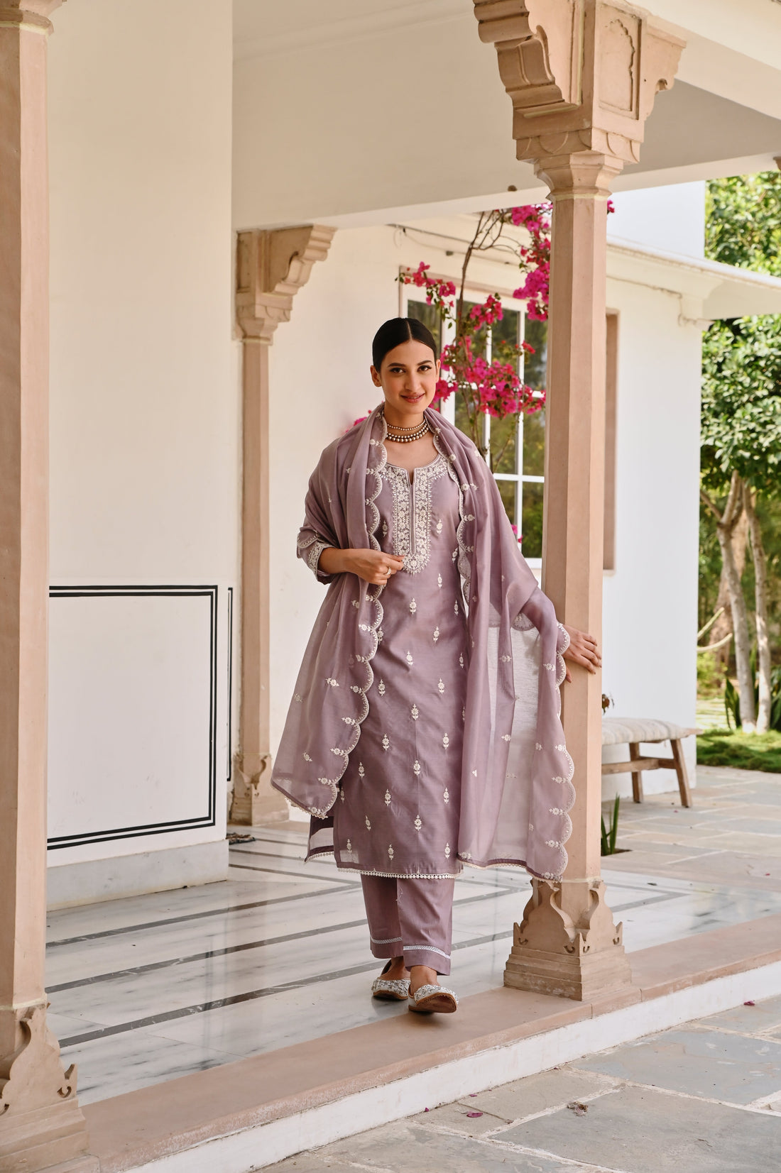 PURPLE CHIKANKARI EMBROIDERED CHANDERI KURTA SET