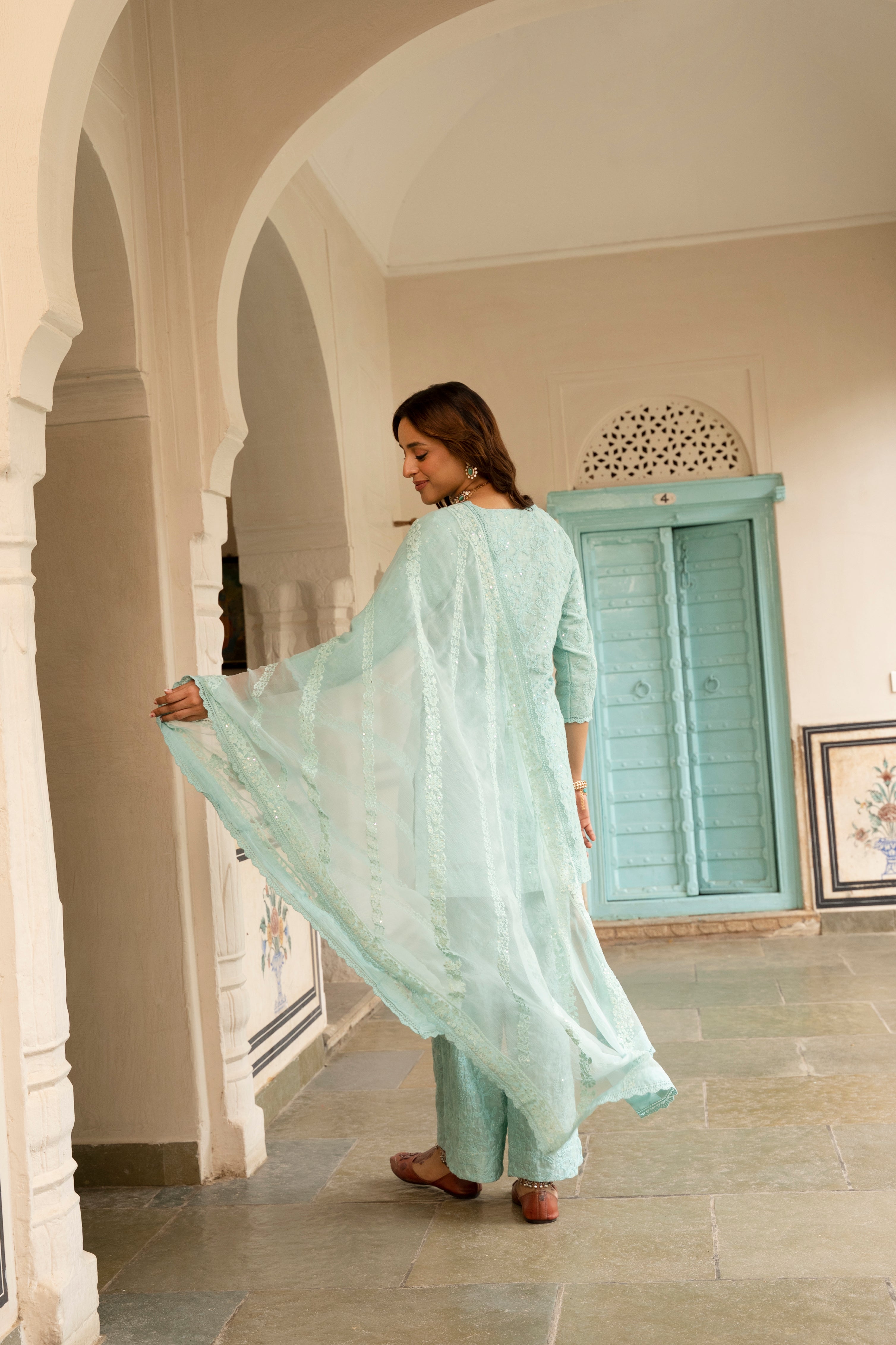 Ice Blue Embroidered Straight Kurta Set