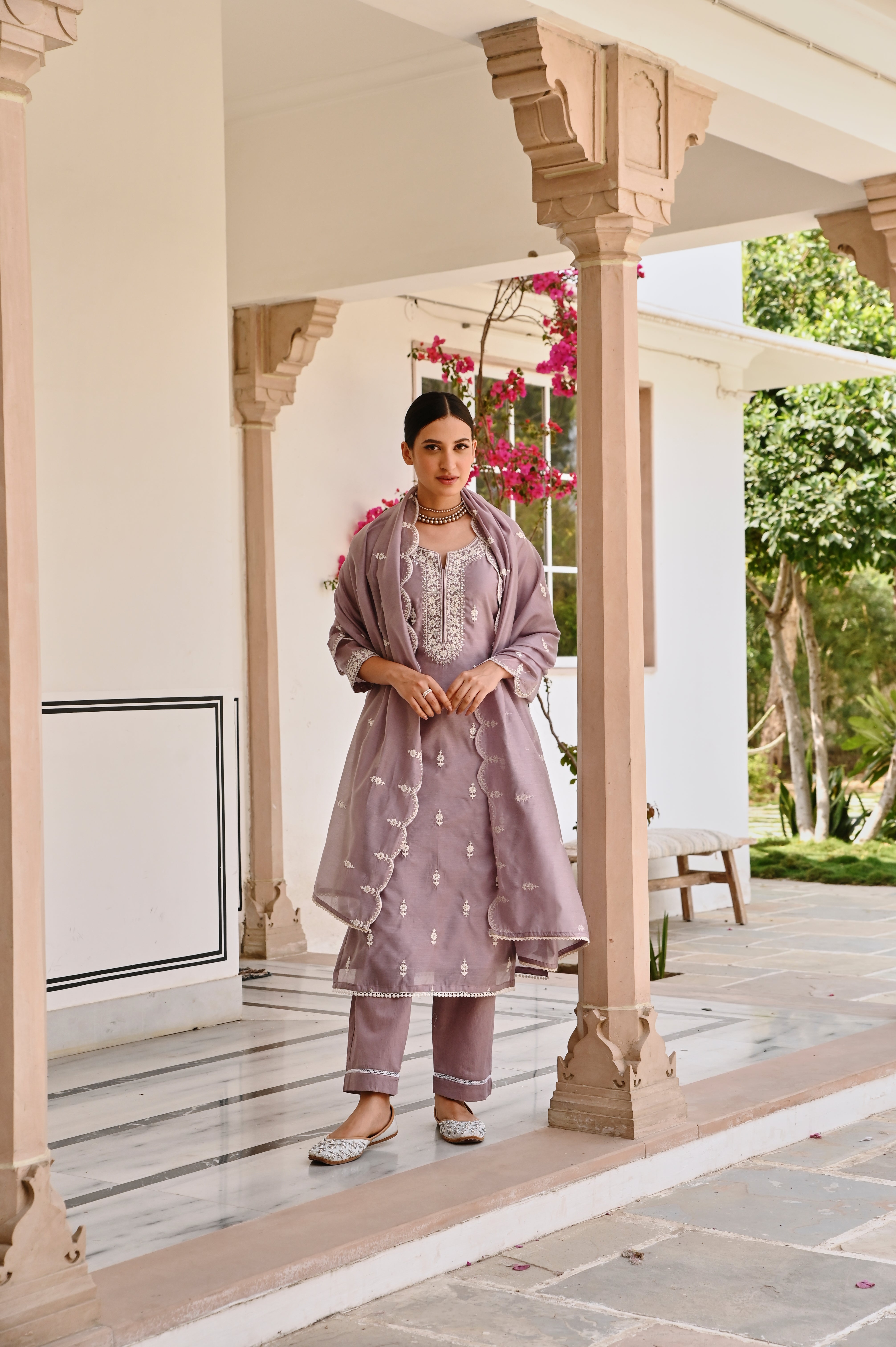 PURPLE CHIKANKARI EMBROIDERED CHANDERI KURTA SET