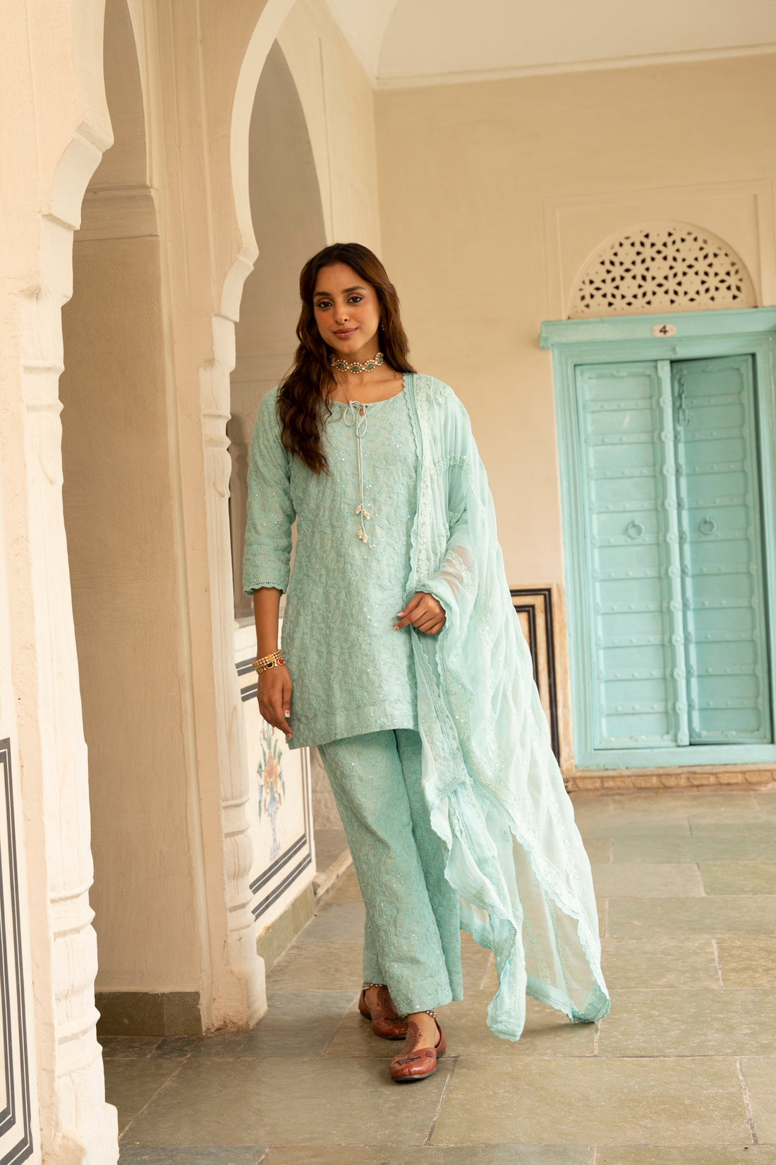Ice Blue Embroidered Straight Kurta Set