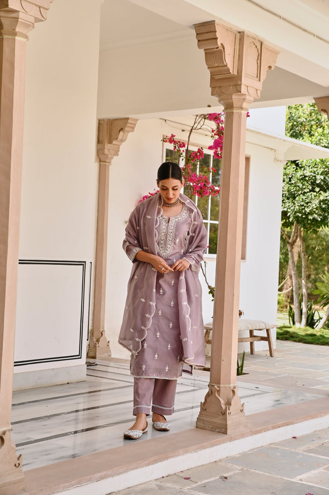 PURPLE CHIKANKARI EMBROIDERED CHANDERI KURTA SET