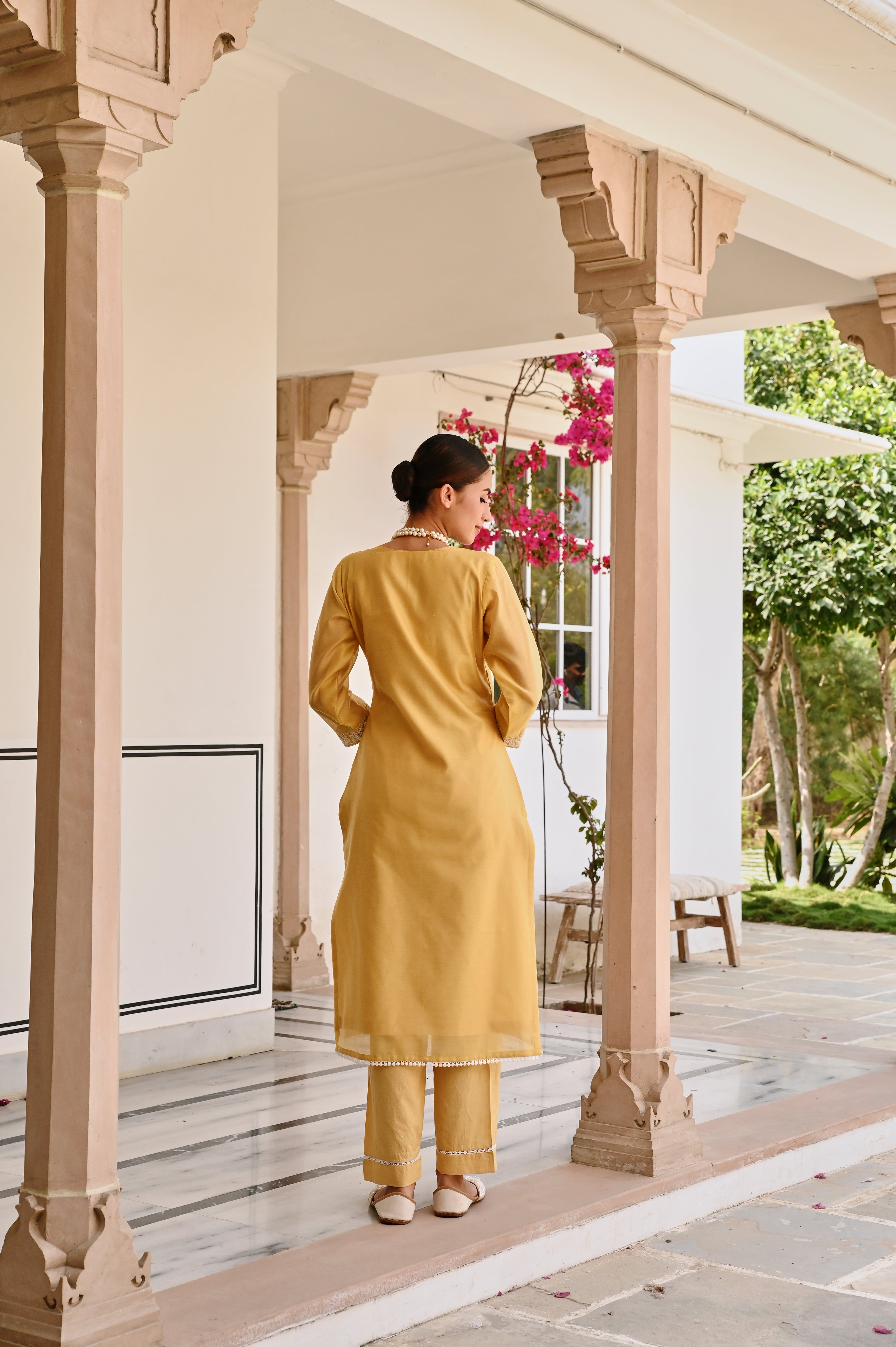 YELLOW CHIKANKARI EMBROIDERED CHANDERI KURTA SET