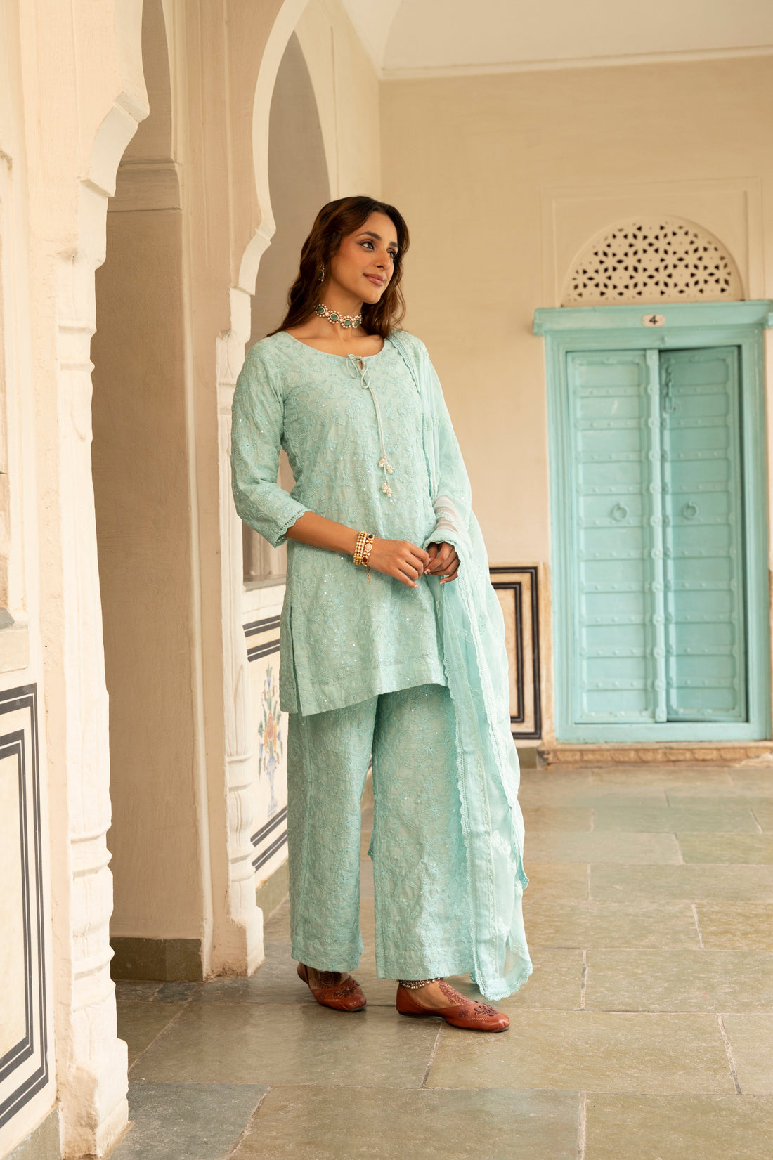 Ice Blue Embroidered Straight Kurta Set