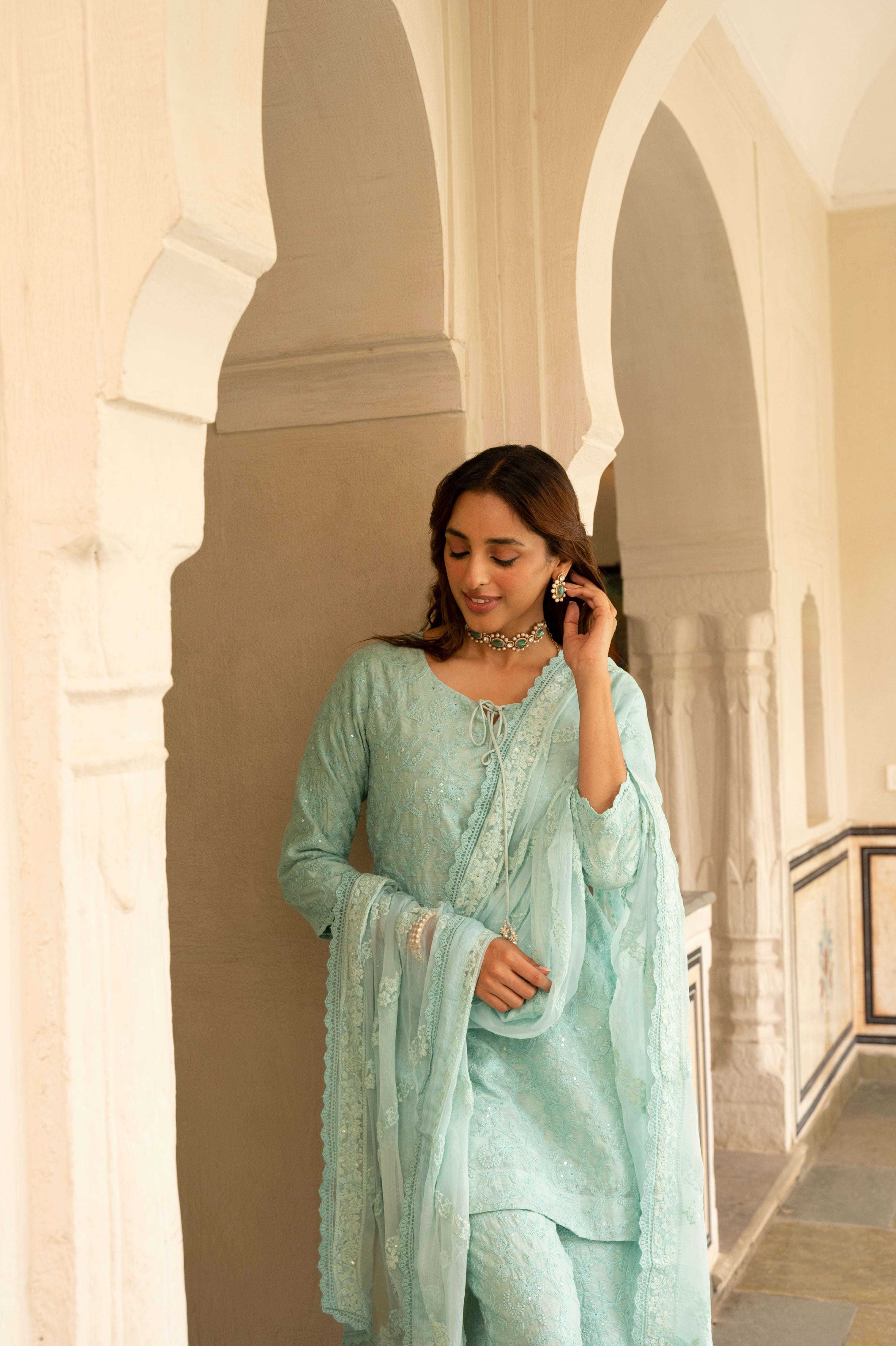 Ice Blue Embroidered Straight Kurta Set
