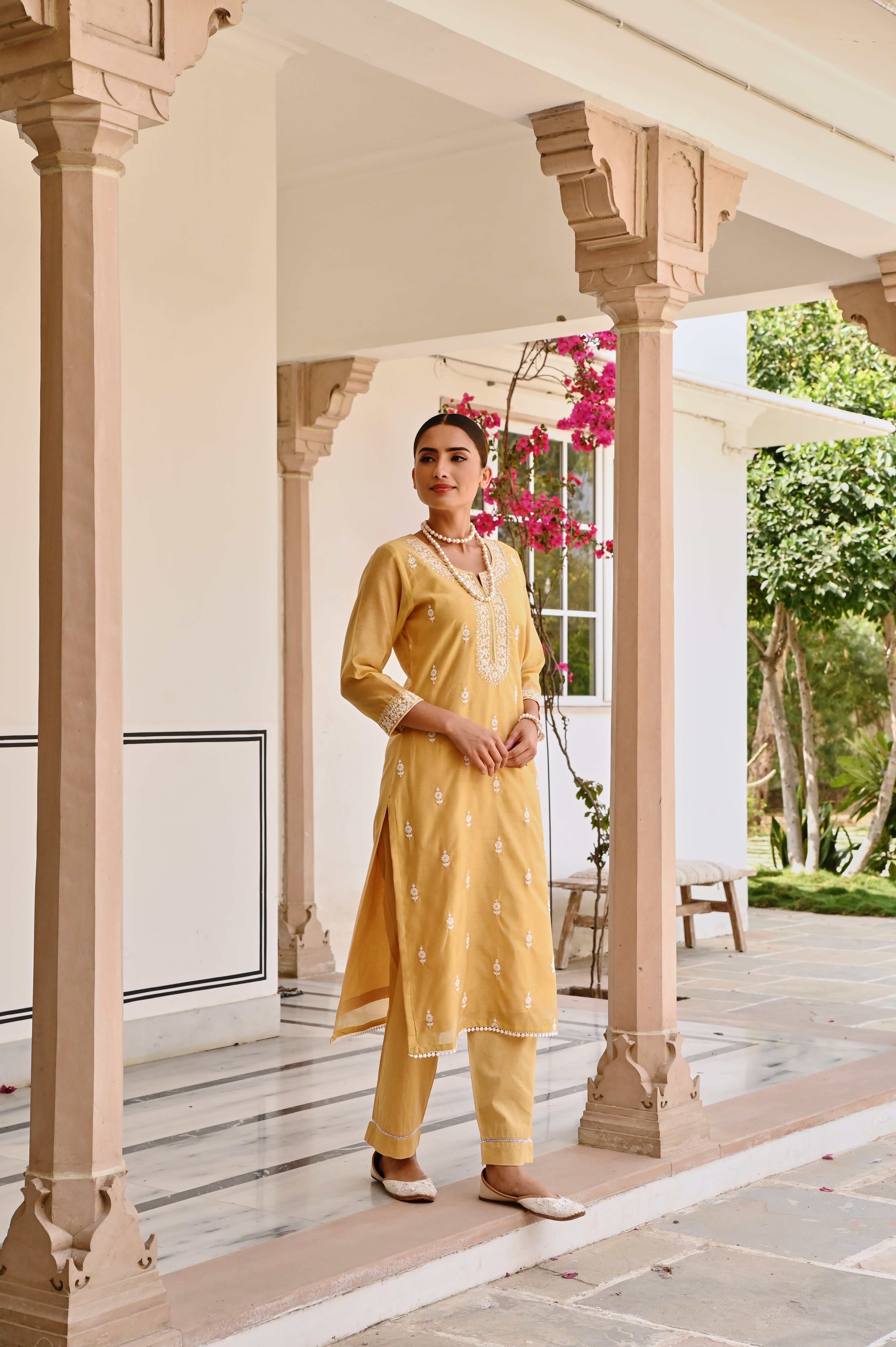 YELLOW CHIKANKARI EMBROIDERED CHANDERI KURTA SET