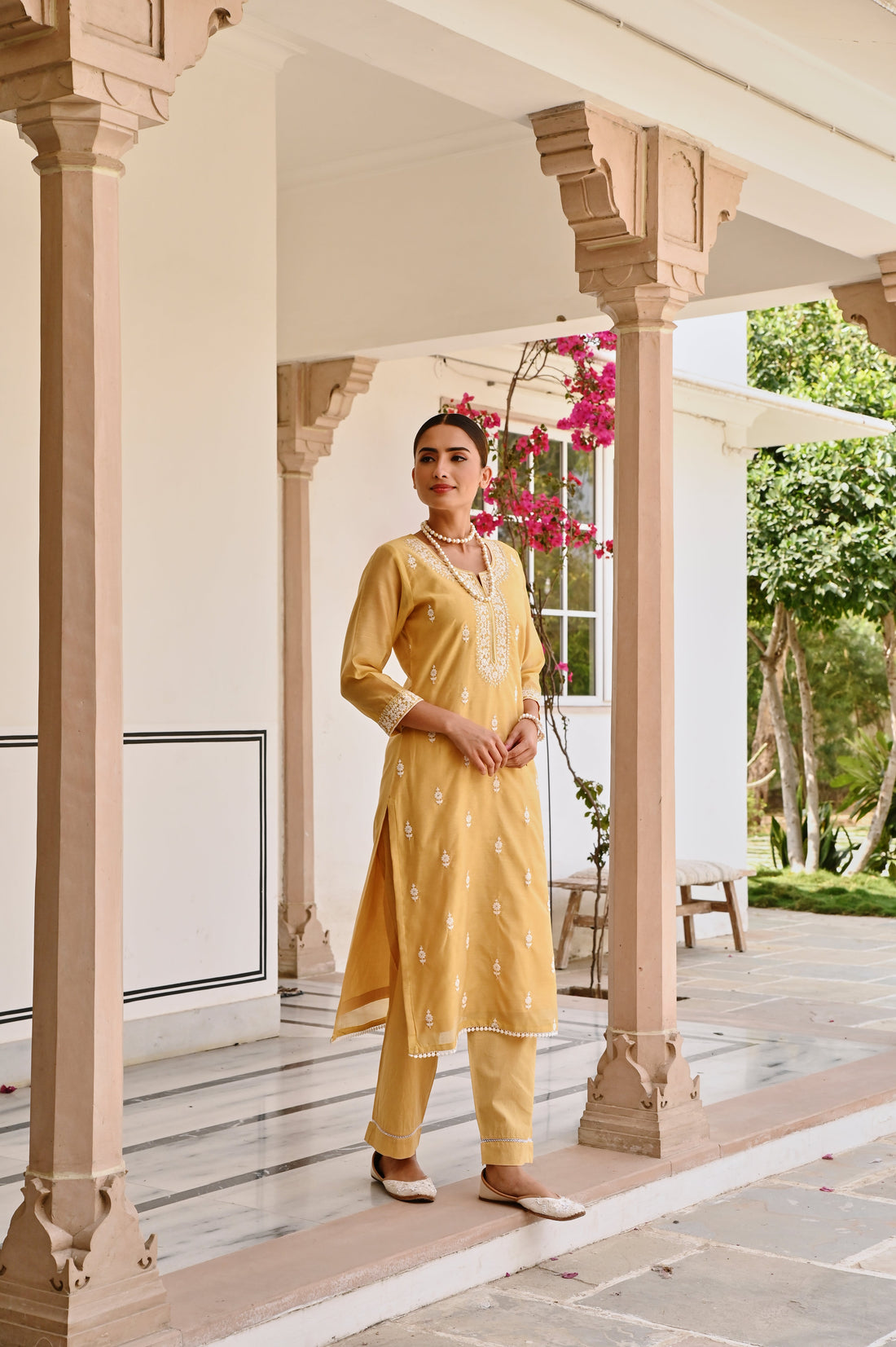YELLOW CHIKANKARI EMBROIDERED CHANDERI KURTA SET