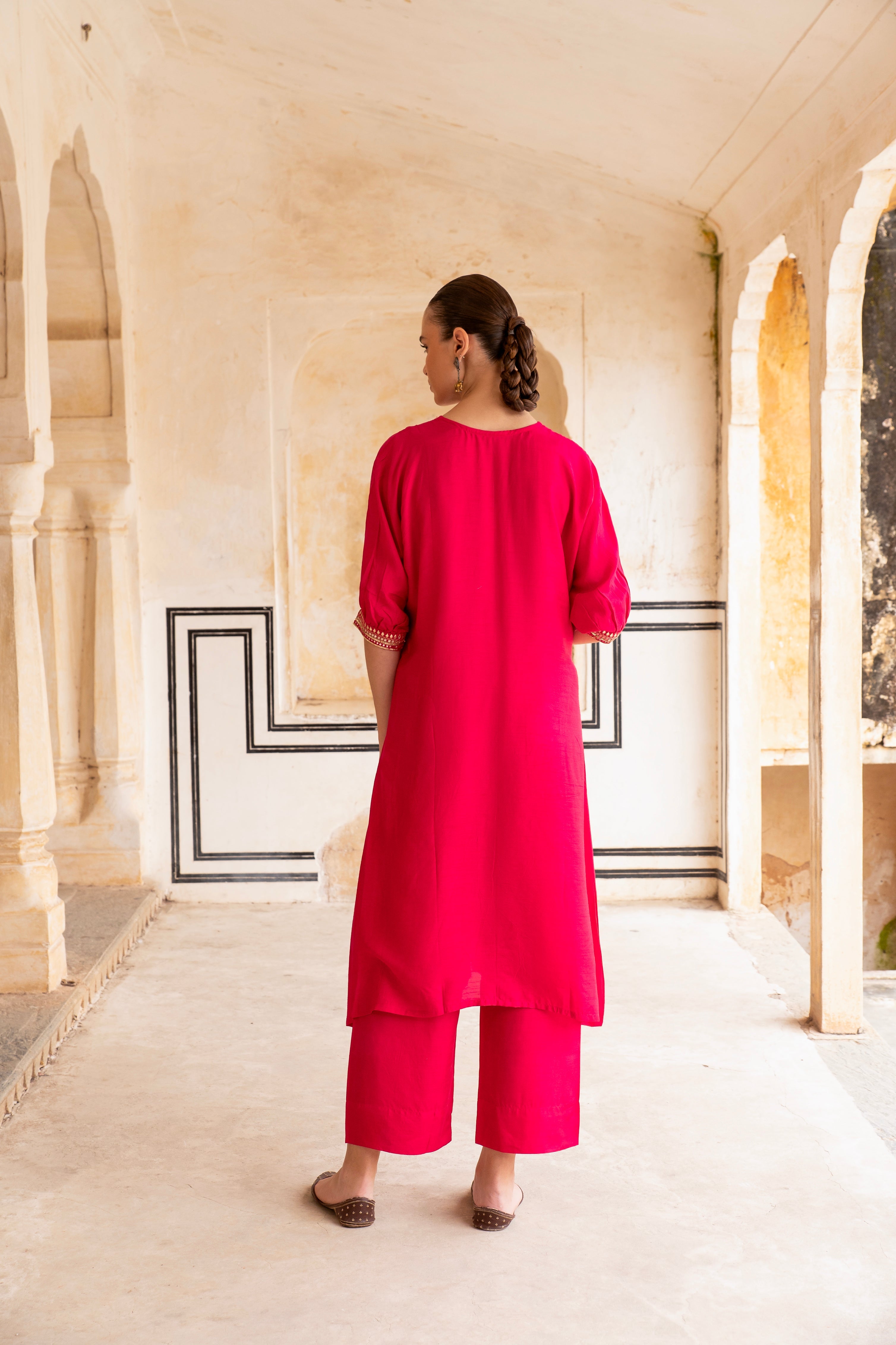 HOT PINK EMBROIDERED DOLA SILK KURTA SET
