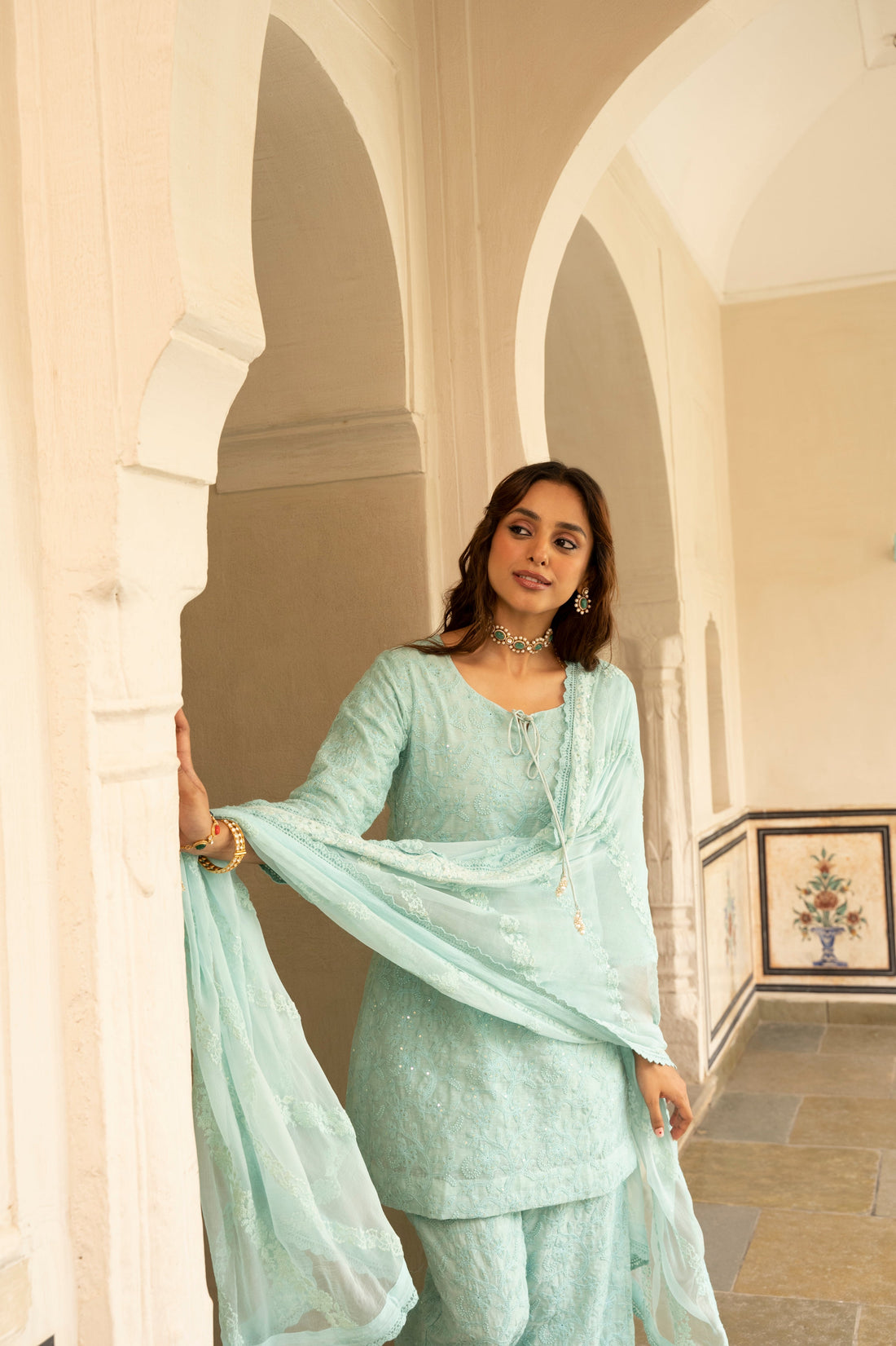 Ice Blue Embroidered Straight Kurta Set