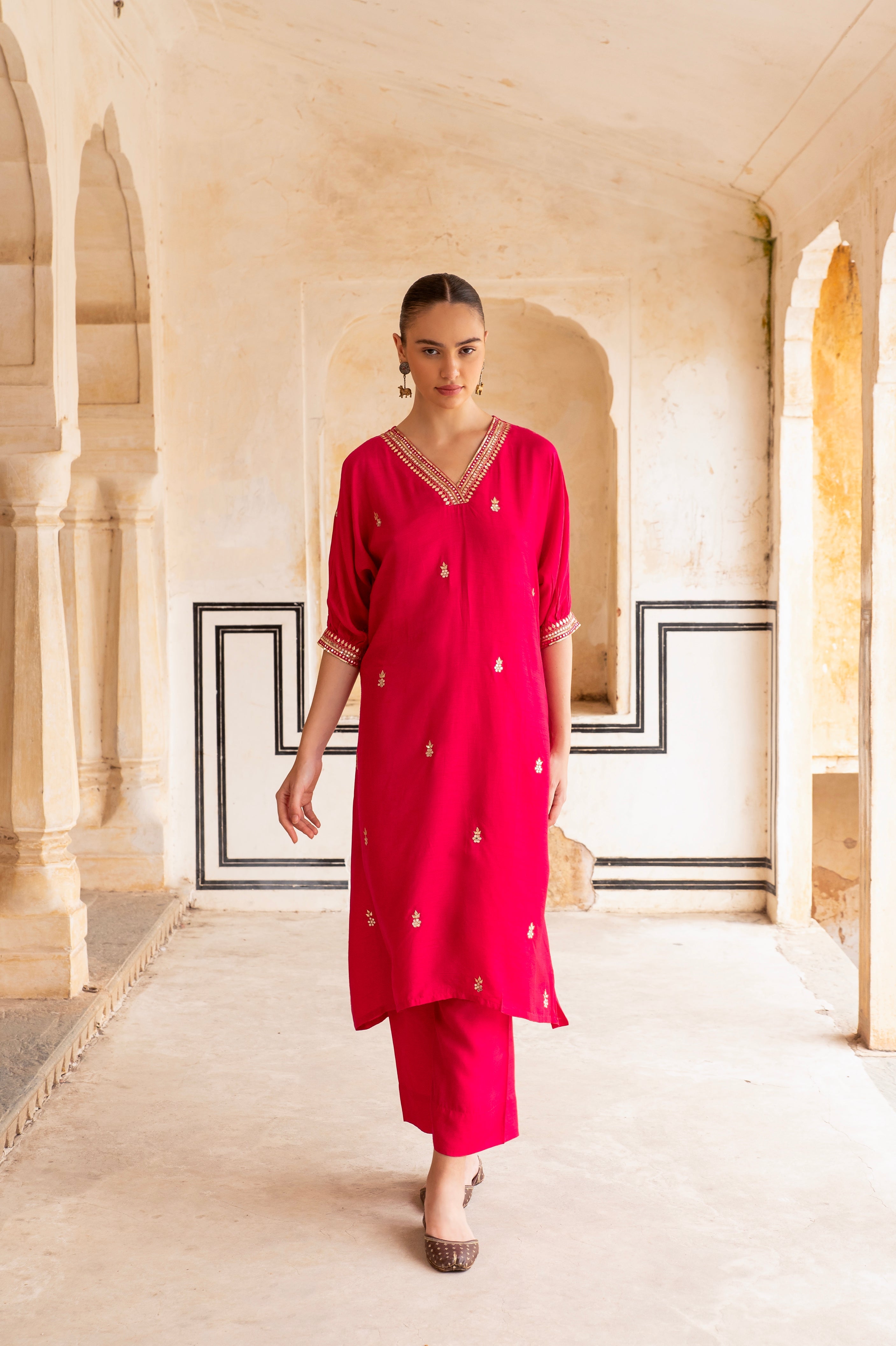 HOT PINK EMBROIDERED DOLA SILK KURTA SET
