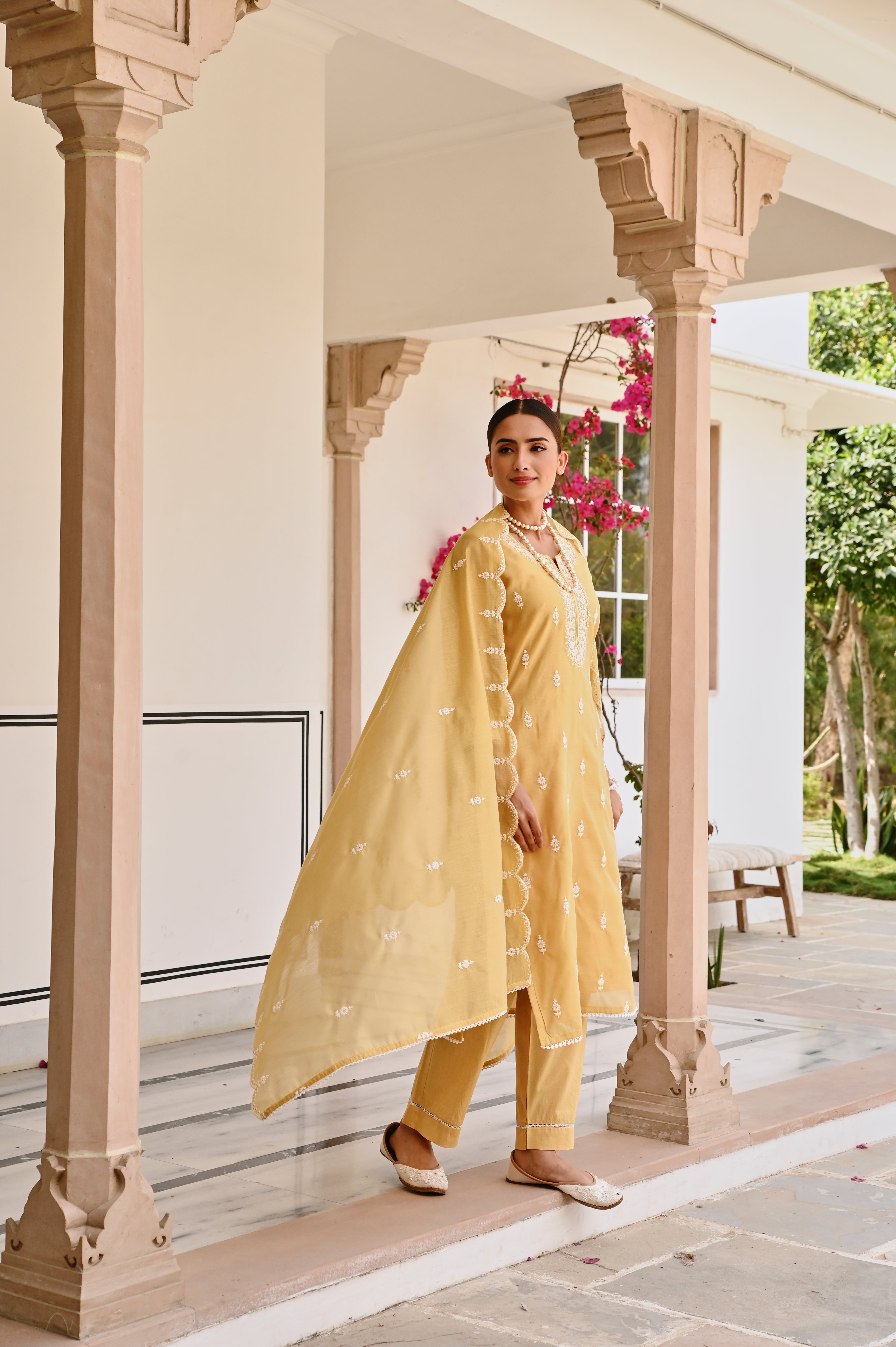 YELLOW CHIKANKARI EMBROIDERED CHANDERI KURTA SET