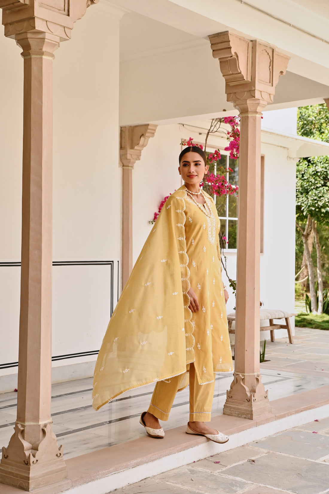 YELLOW CHIKANKARI EMBROIDERED CHANDERI KURTA SET